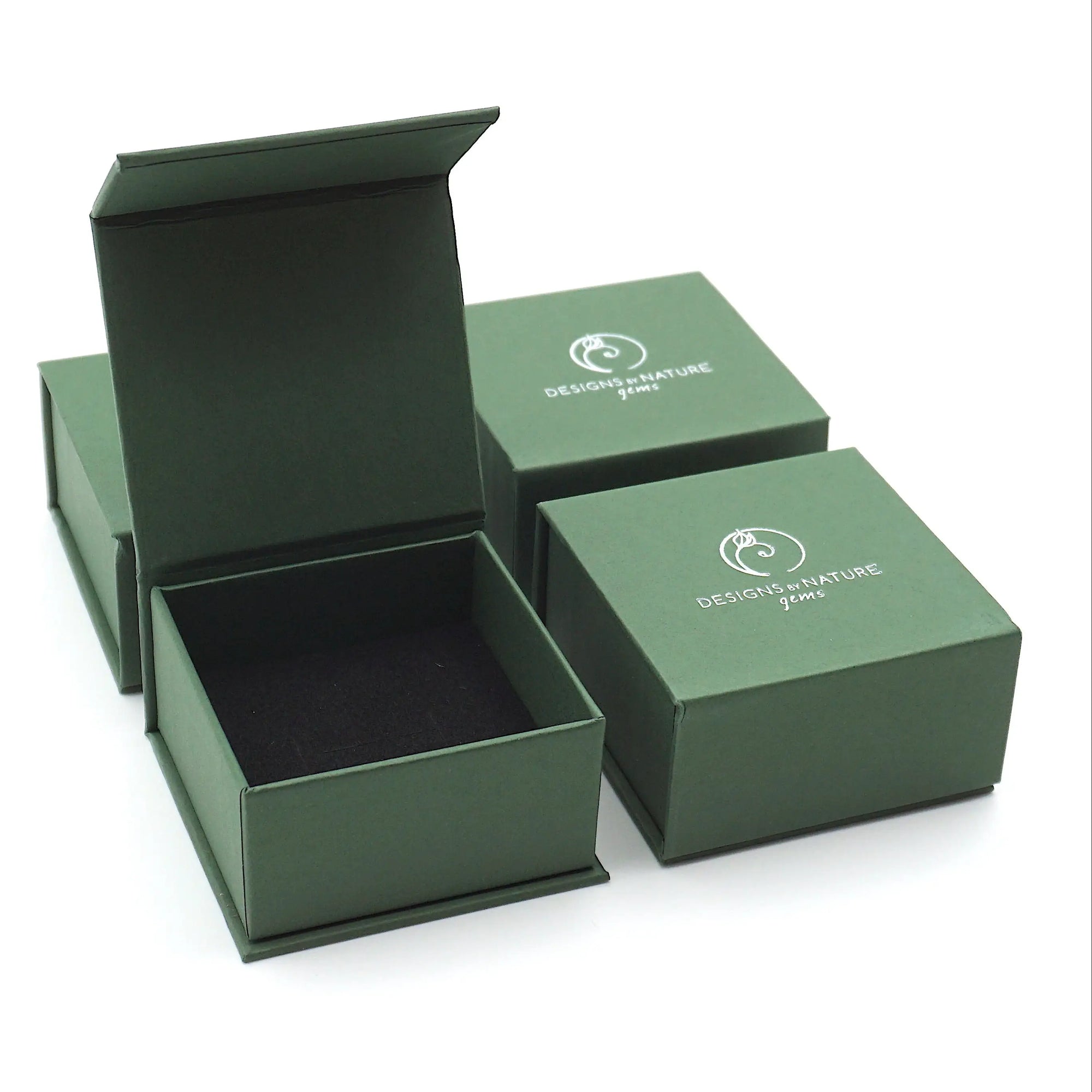 Designs by Nature Gems branded jewelry box packaging for minimalist raw amethyst gold necklace