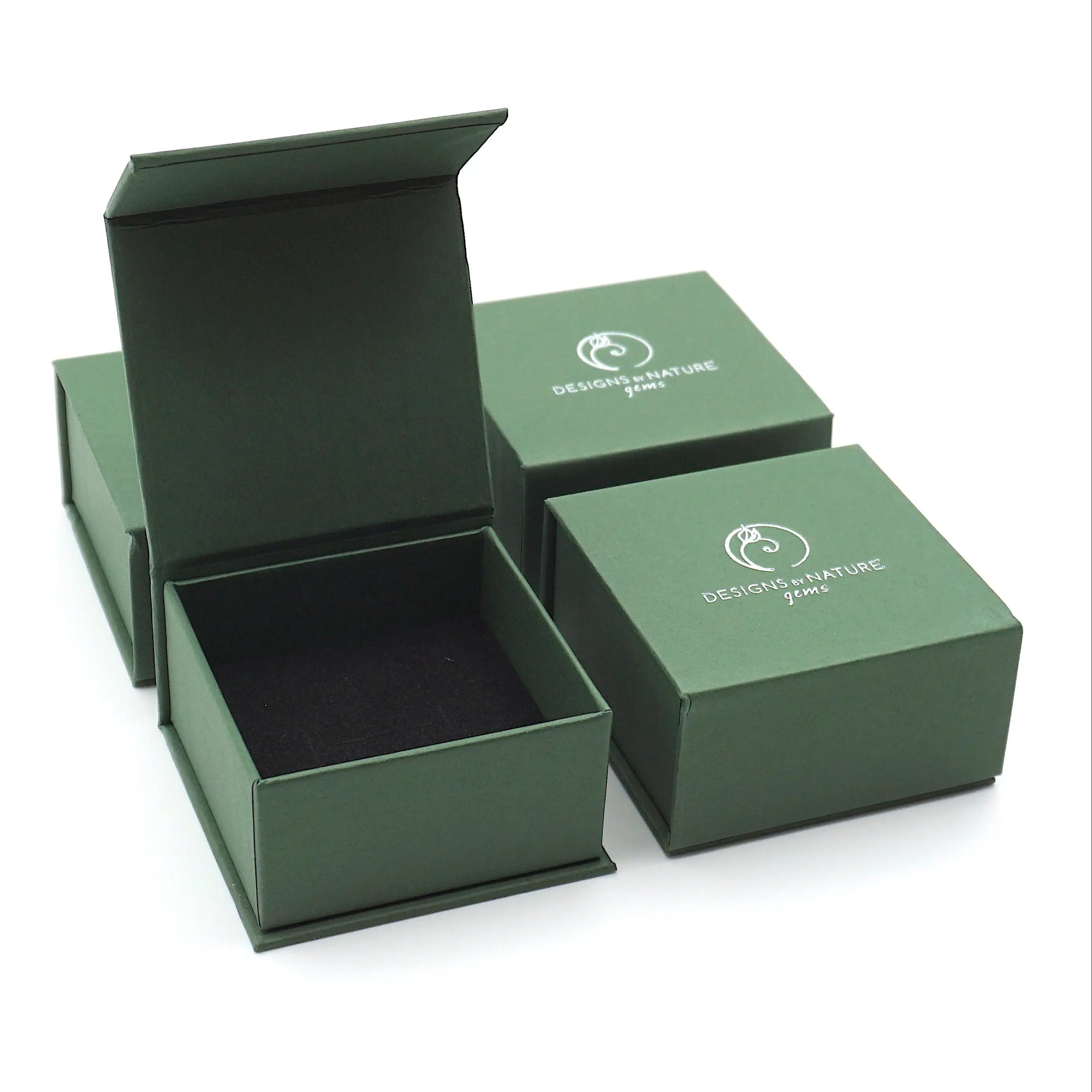 Designs by Nature Gems branded jewelry box packaging for minimalist raw amethyst sterling silver necklace