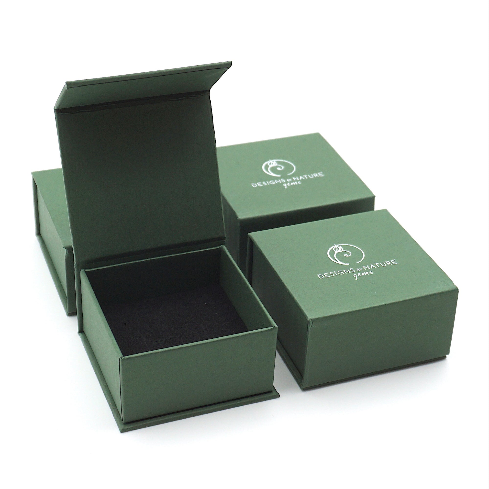 Designs by Nature Gems branded jewelry box packaging for raw amethyst stud earrings, unpolished natural amethyst stones, sterling silver posts