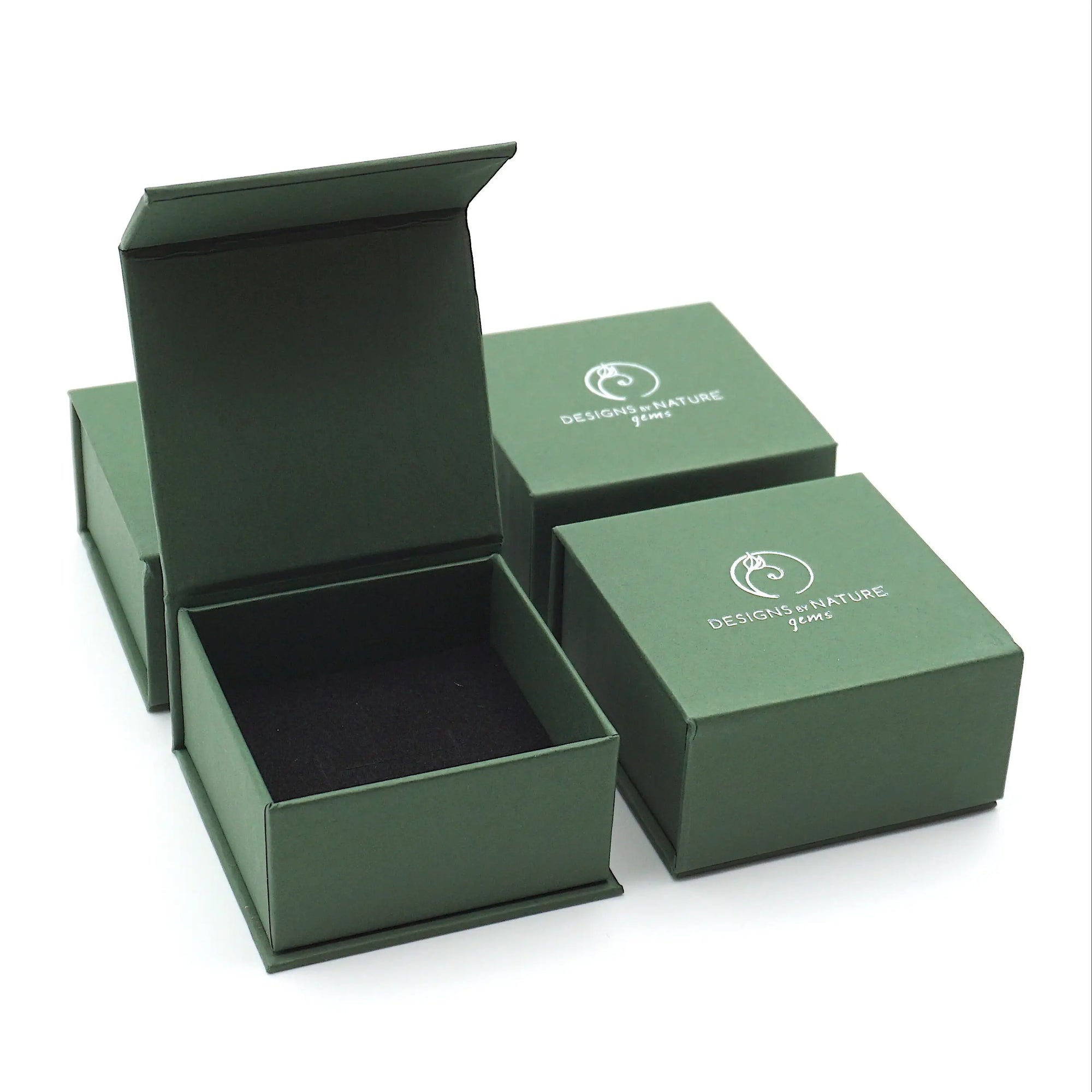 Branded Designs by Nature Gems jewelry box for raw aquamarine stud earrings in sterling silver, luxury handcrafted gift packaging