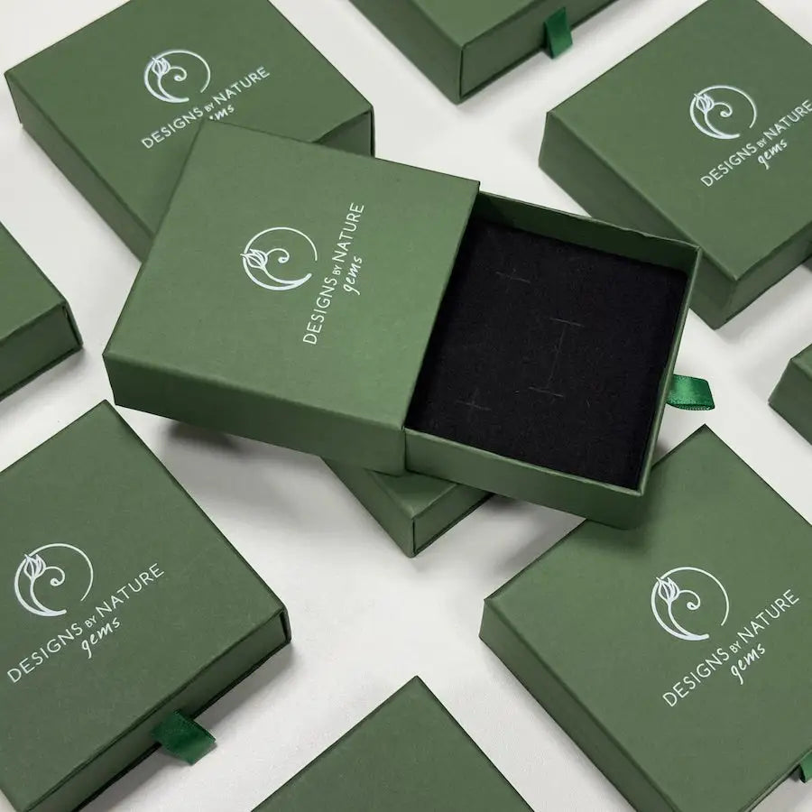 Designs by Nature Gems branded jewelry box packaging for rainbow moonstone necklace gift presentation