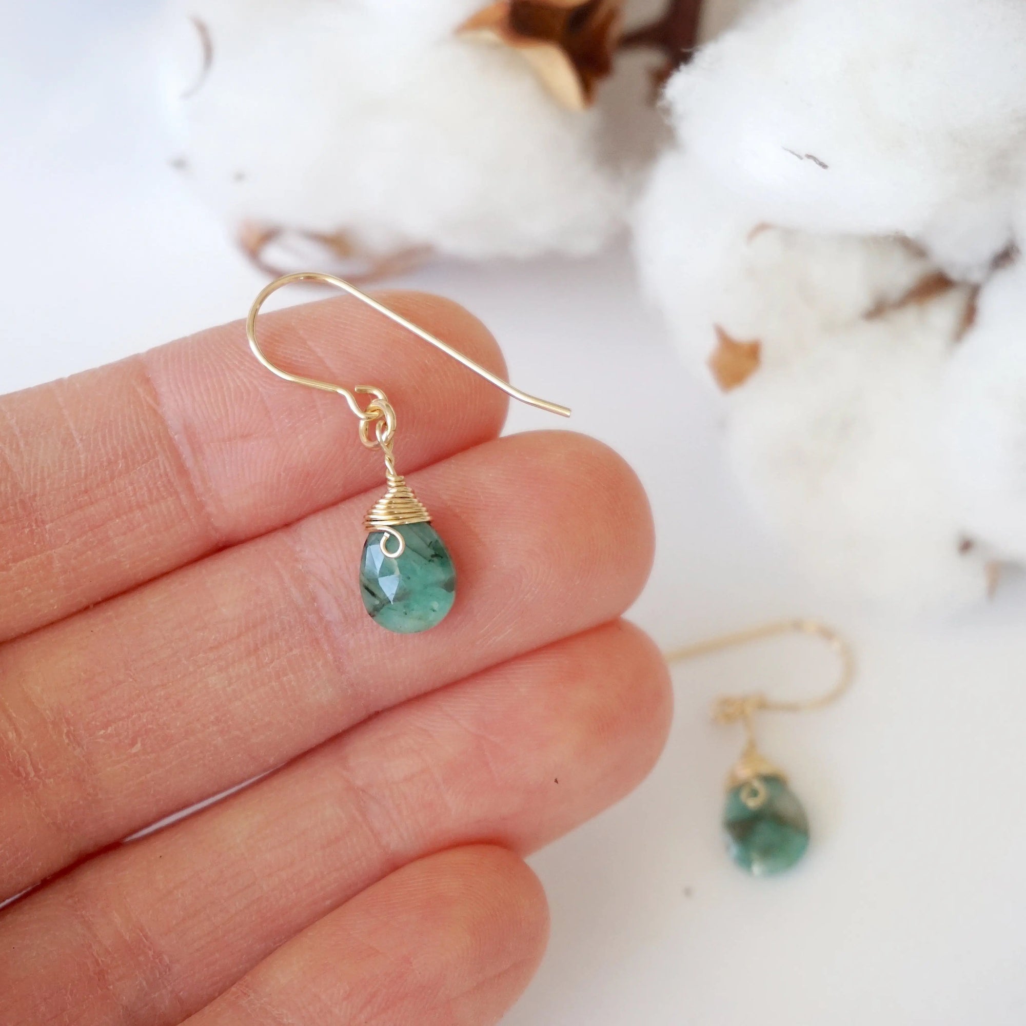 Emerald drop earrings in hand for size reference, genuine faceted emerald, 14k gold filled

