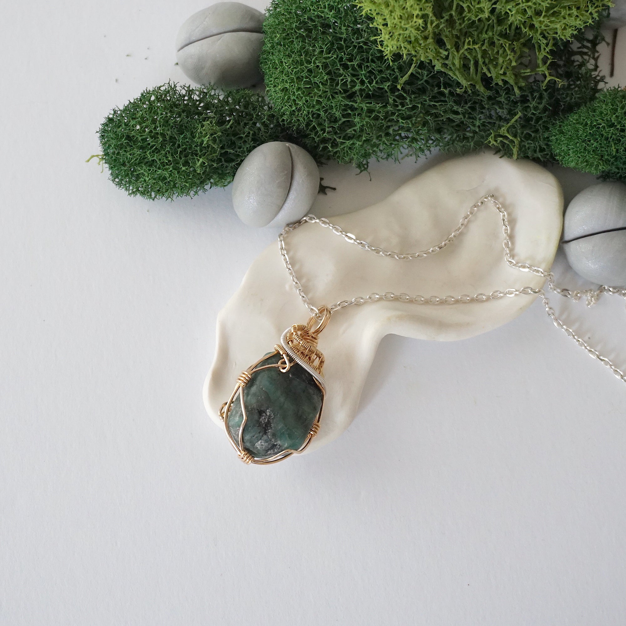 Emerald necklace for women on a 925 sterling silver chain with natural polished-raw emerald pendant in 14k gold filled and sterling silver wire wrapping