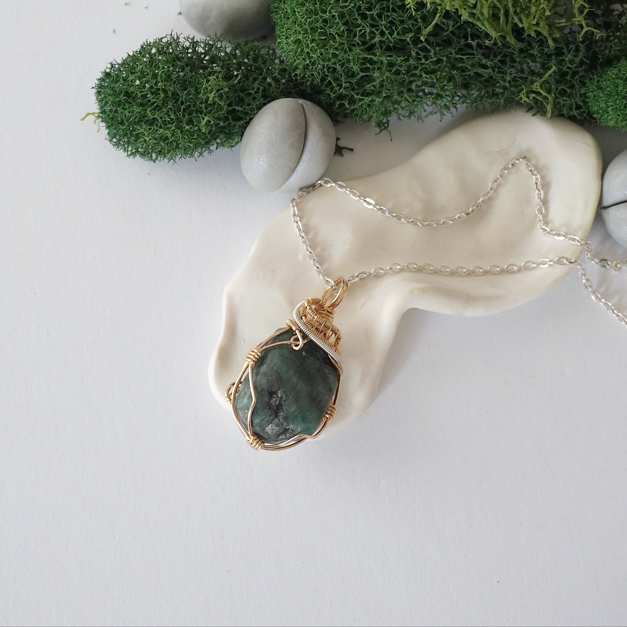 Emerald necklace for women on a 925 sterling silver chain with natural polished-raw emerald pendant in 14k gold filled and sterling silver wire wrapping