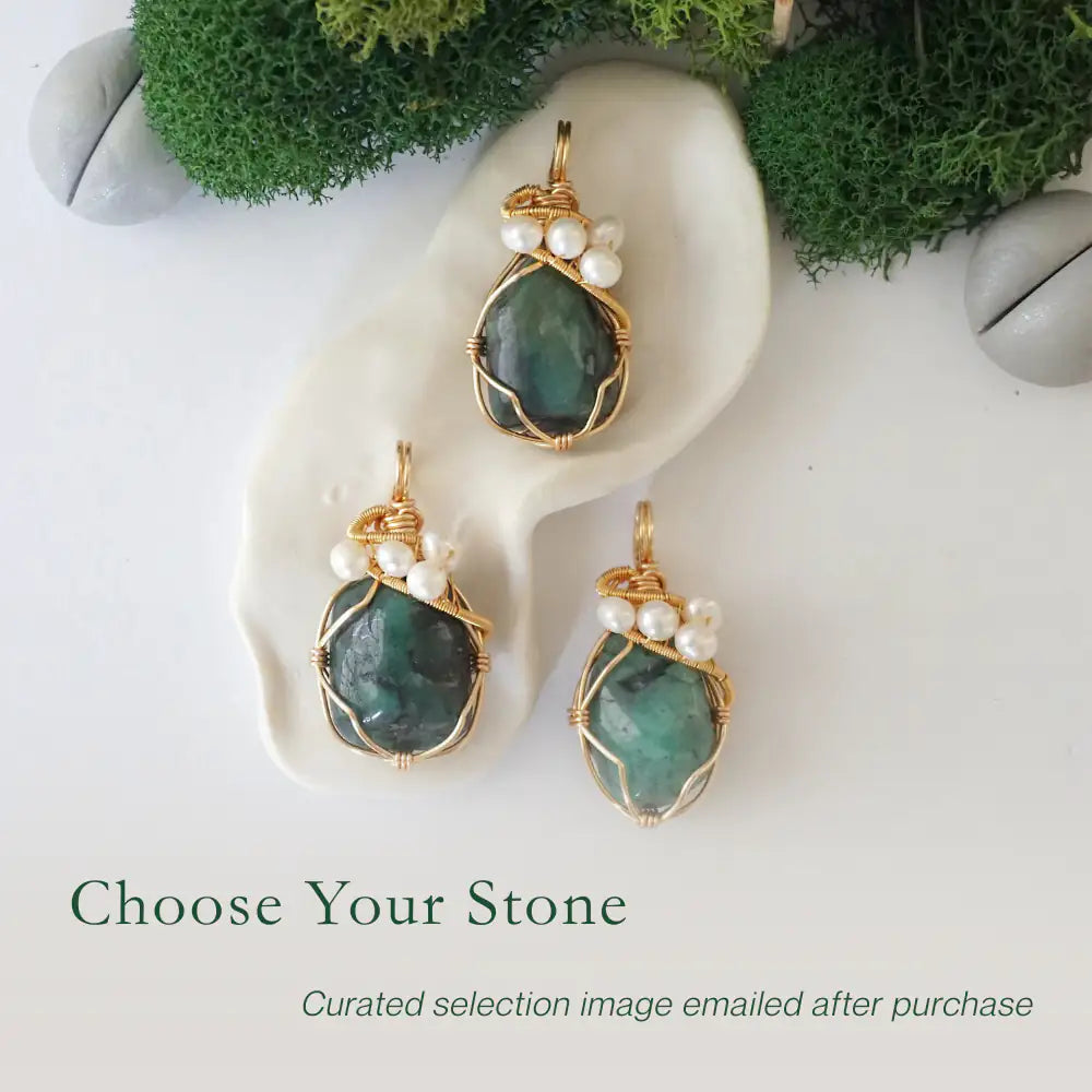 Three different emerald and freshwater pearl pendants, natural stone variation reference, handmade jewelry
