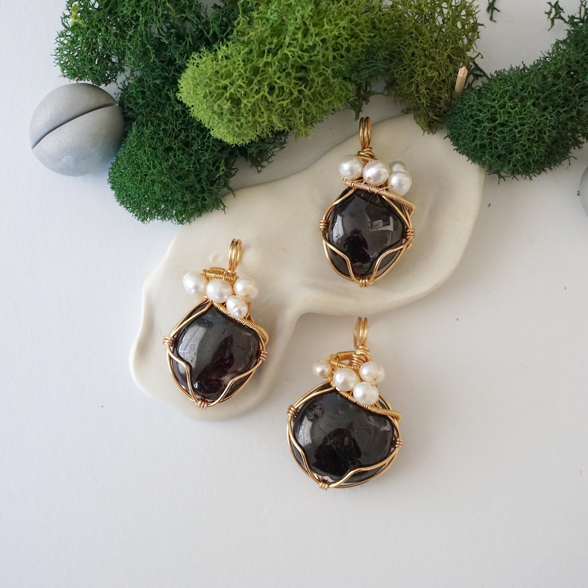 Three different garnet and freshwater pearl pendants, natural stone variation reference, handmade jewelry