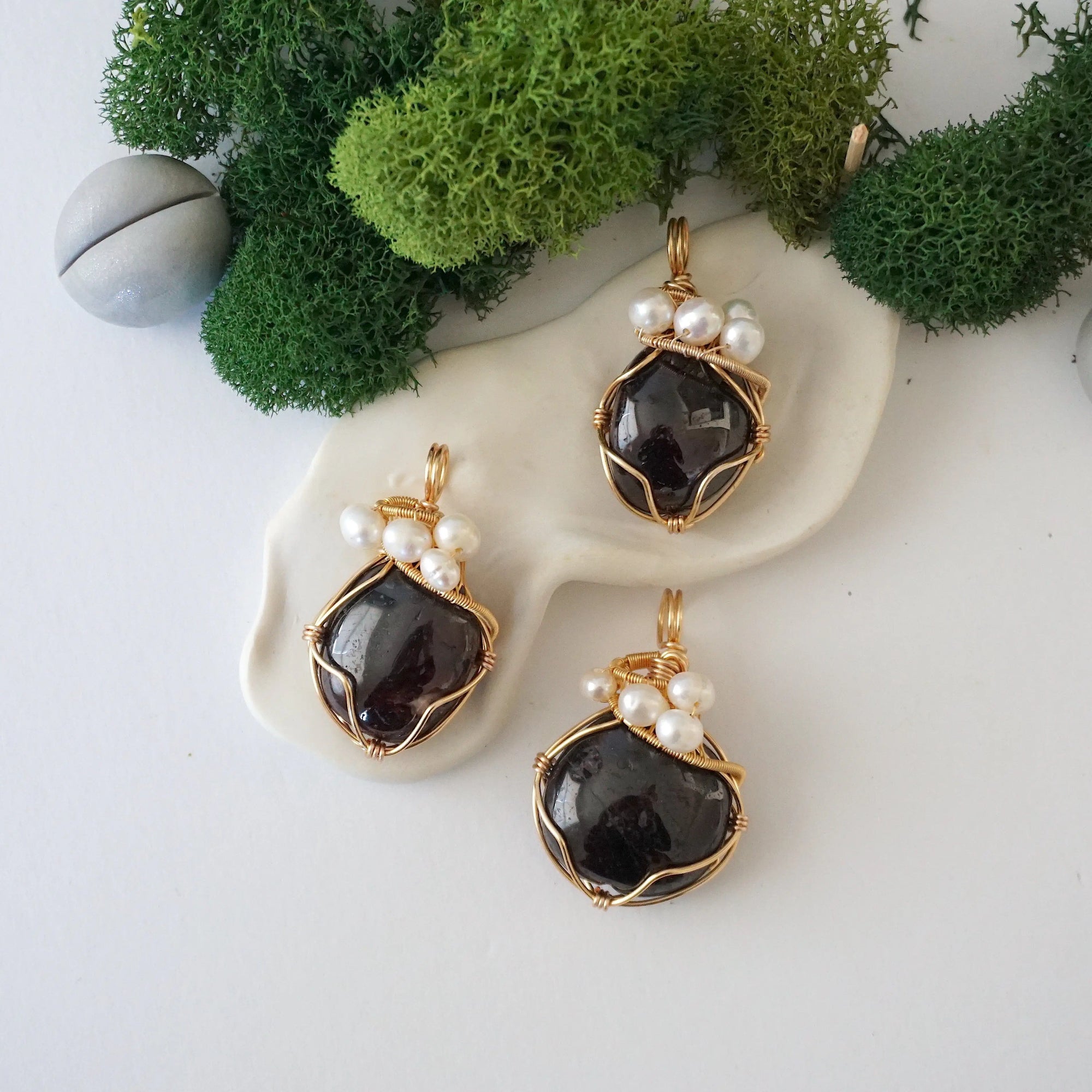 Three different garnet and freshwater pearl pendants, natural stone variation reference, handmade jewelry