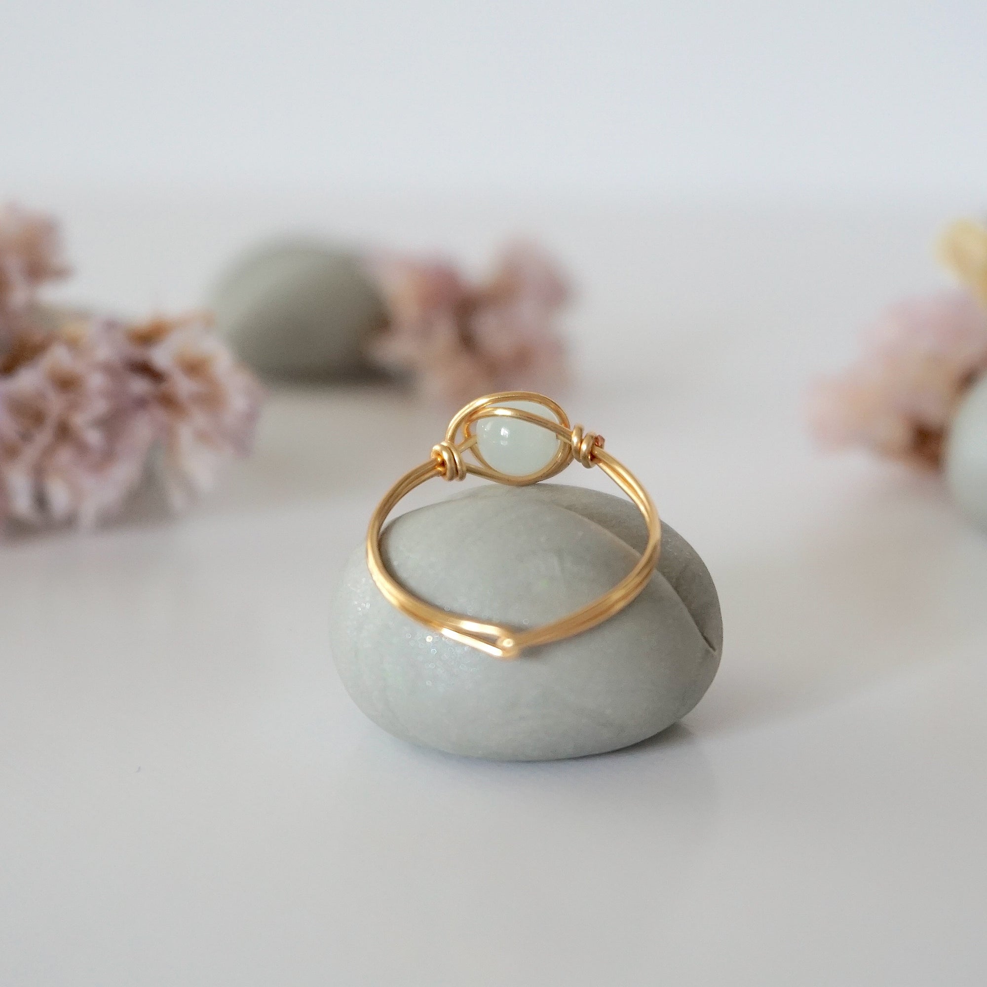 Back side angle of gold aquamarine ring, handcrafted wire wrapping, Designs by Nature Gems