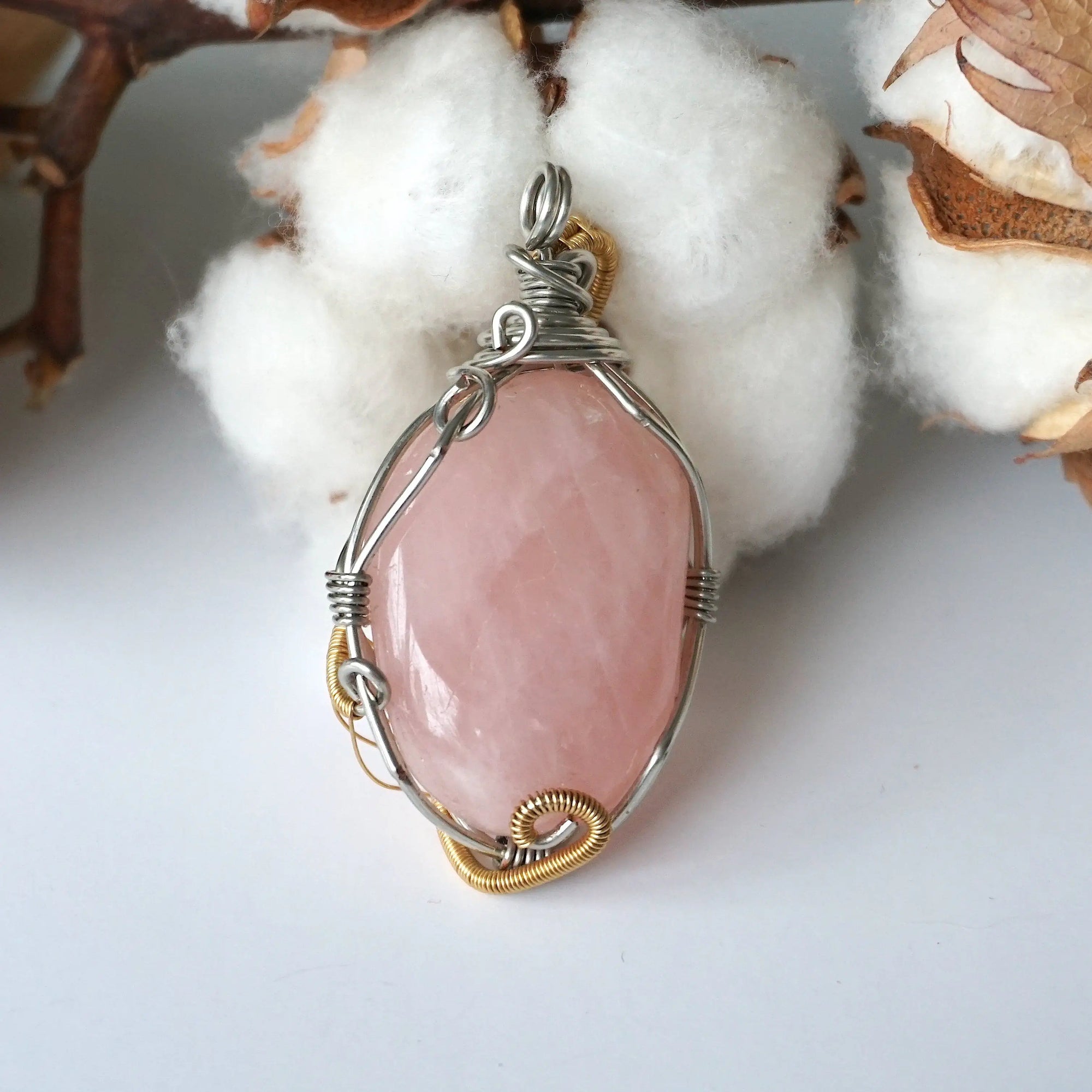 Gold Rose Quartz Crystal Necklace - White Gold/Gold Plated DesignsbyNatureGems