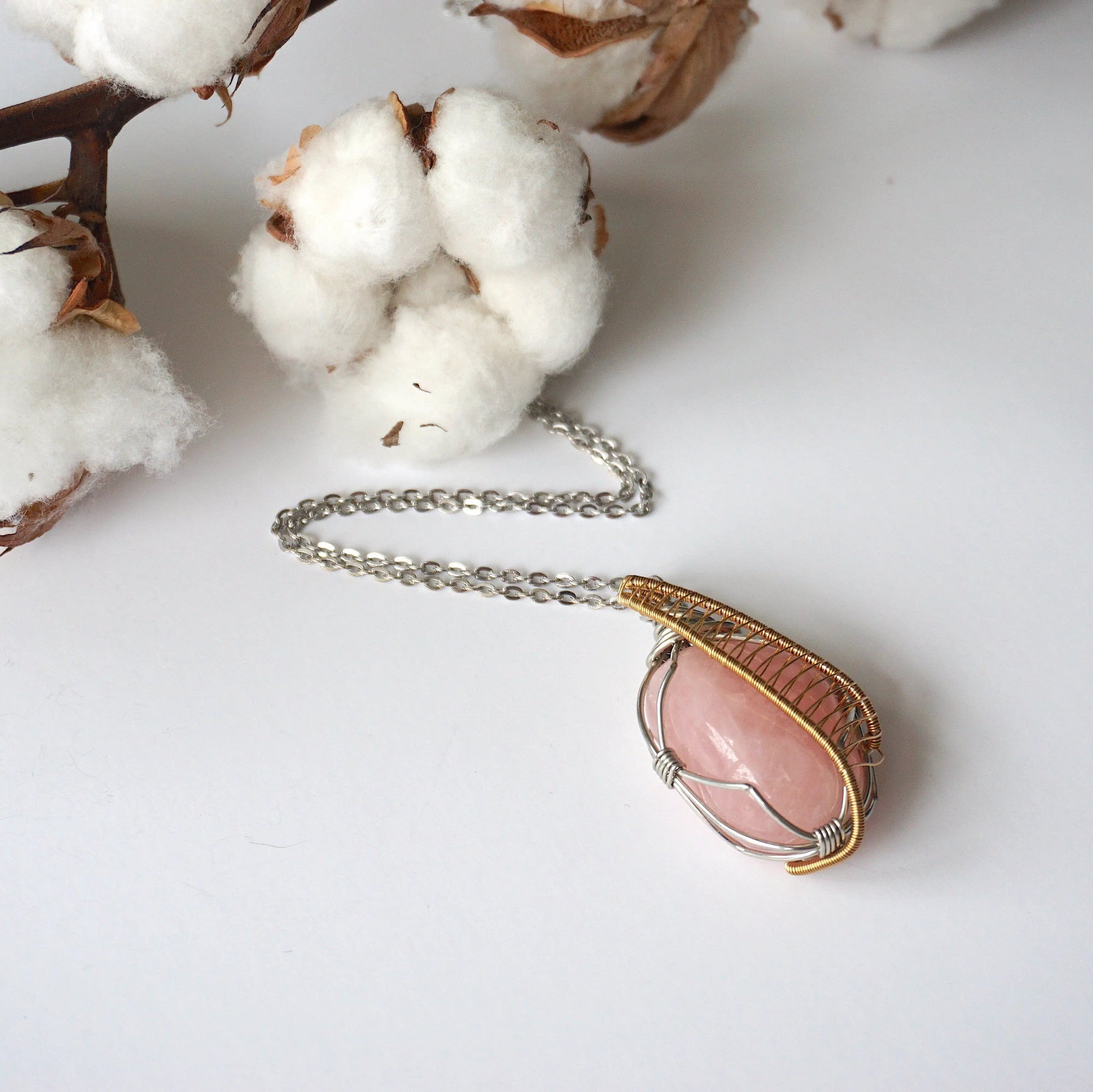 Gold Rose Quartz Crystal Necklace - White Gold/Gold Plated DesignsbyNatureGems