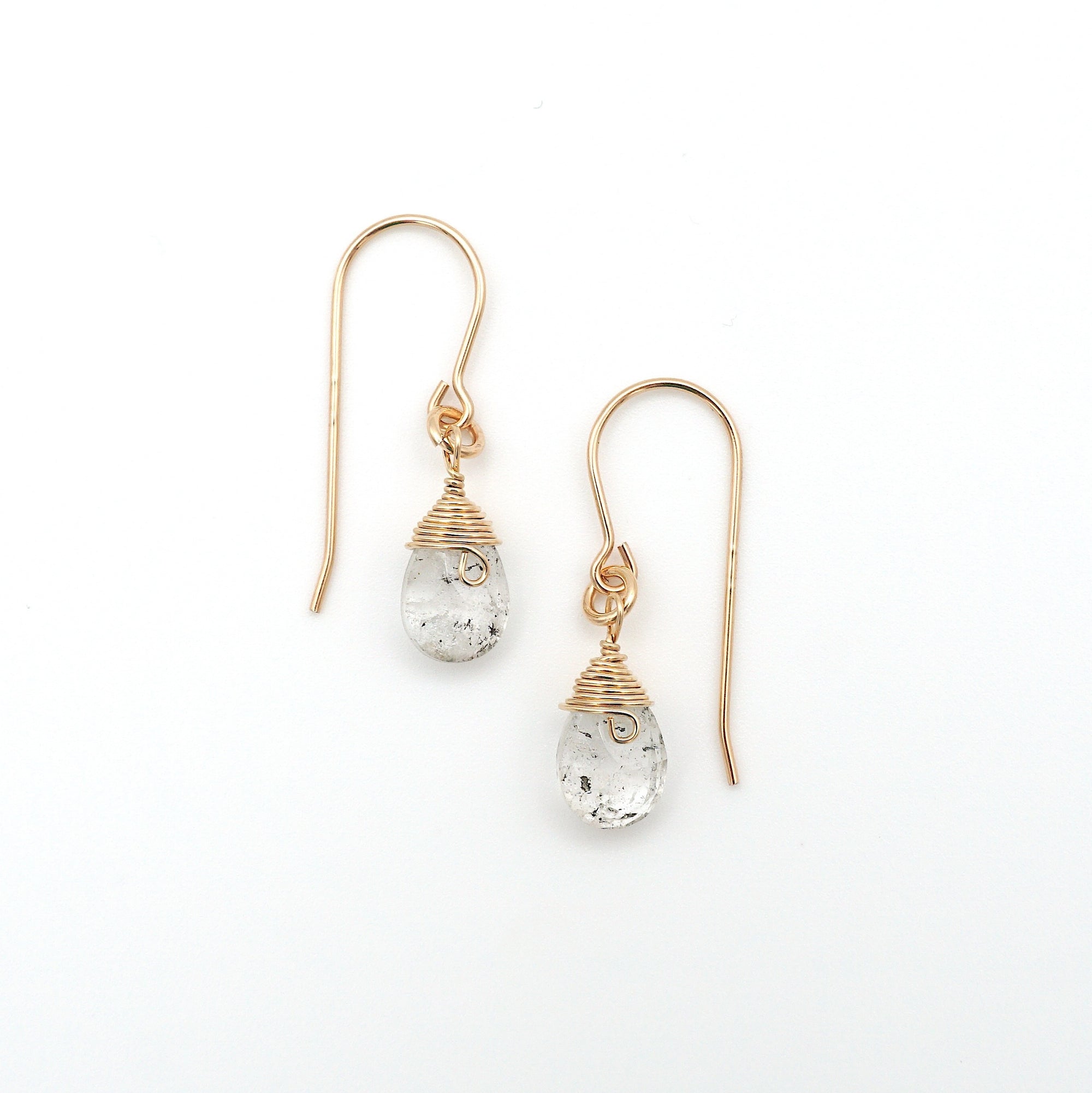 Detailed front view of herkimer diamond drop earrings, genuine faceted herkimer diamond with minimalist 14k gold filled wire wrapping, Designs by Nature Gems