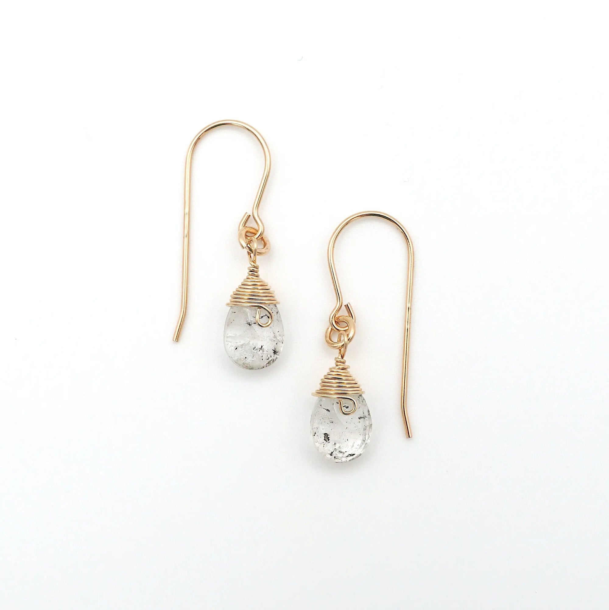 Detailed front view of herkimer diamond drop earrings, genuine faceted herkimer diamond with minimalist 14k gold filled wire wrapping, Designs by Nature Gems
