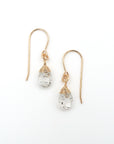 Detailed front view of herkimer diamond drop earrings, genuine faceted herkimer diamond with minimalist 14k gold filled wire wrapping, Designs by Nature Gems