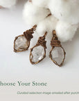 Three raw Herkimer diamond pendants for women showing natural variation in crystal shape, size, and artisan wrapping.