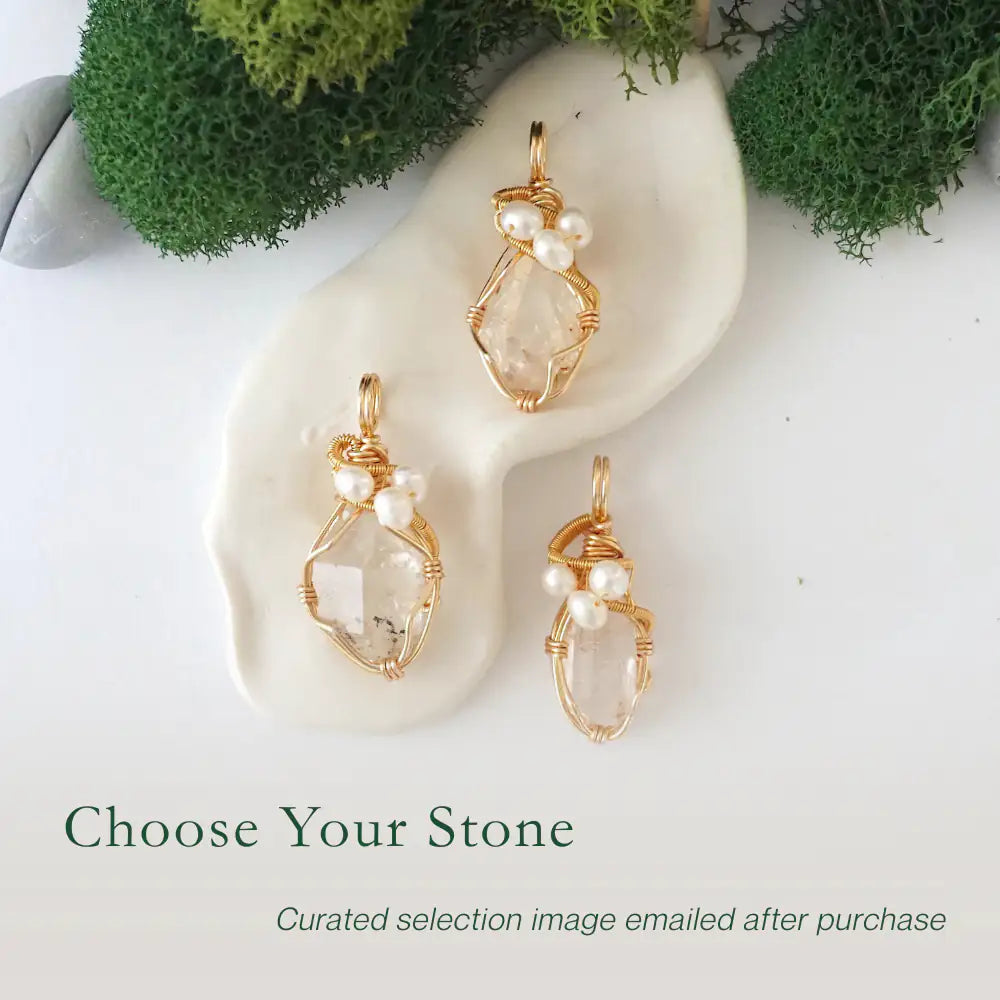 Three different herkimer diamond and freshwater pearl pendants, natural stone variation reference, handmade jewelry