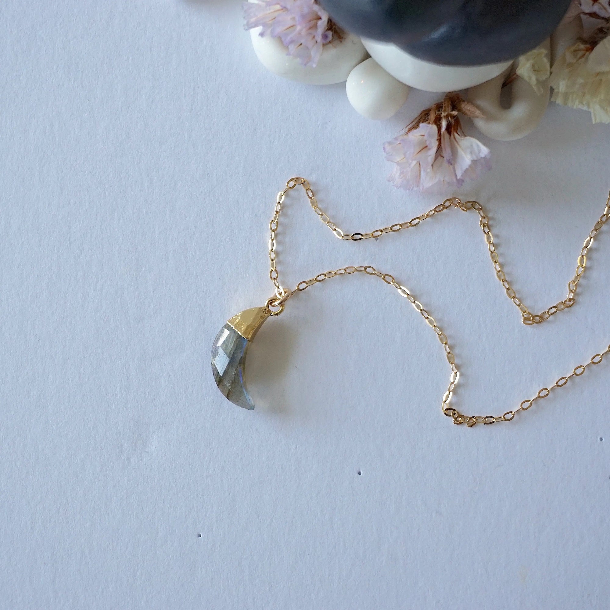 Labradorite 14K Gold Moon Charm Necklace Designs by Nature Gems