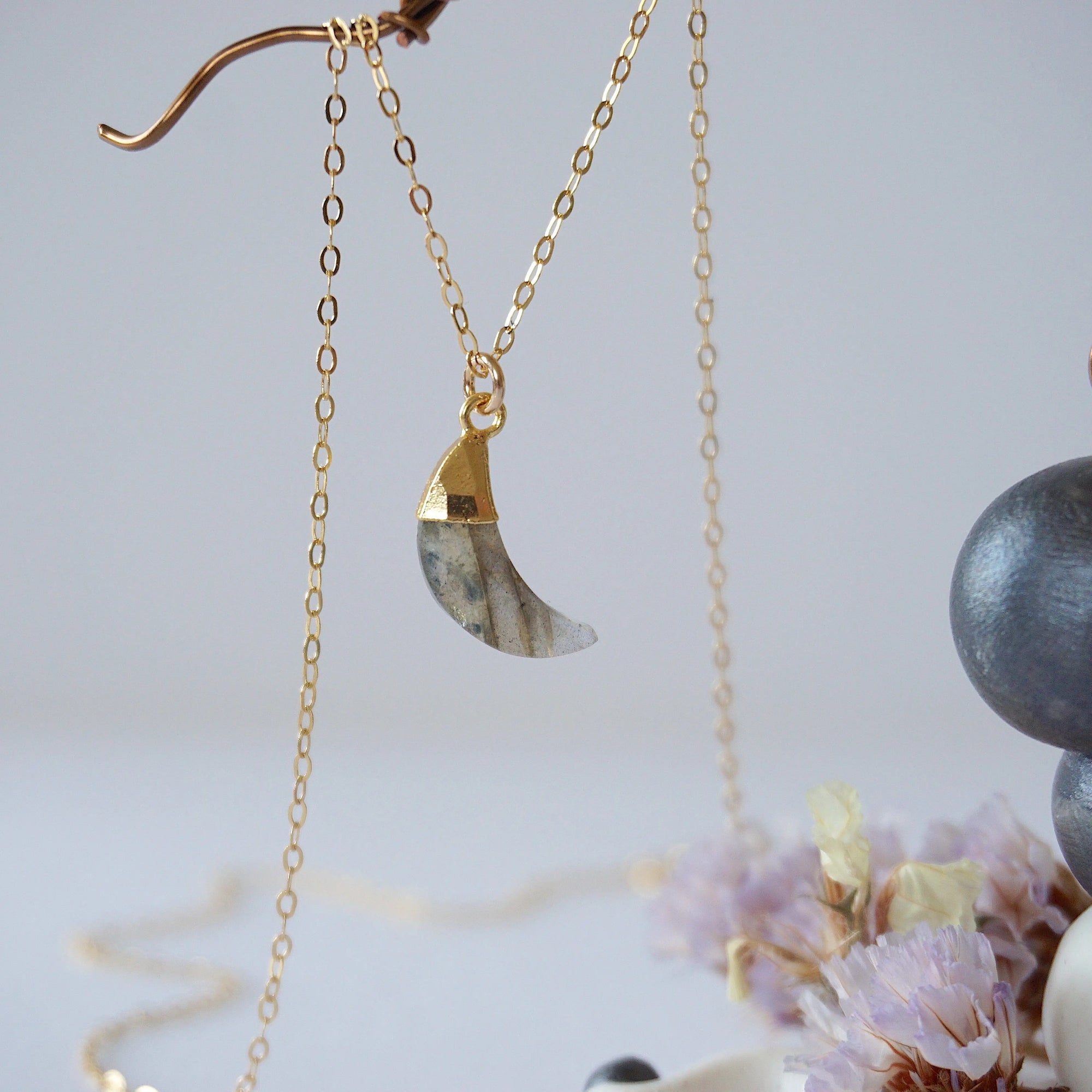 Labradorite 14K Gold Moon Charm Necklace Designs by Nature Gems
