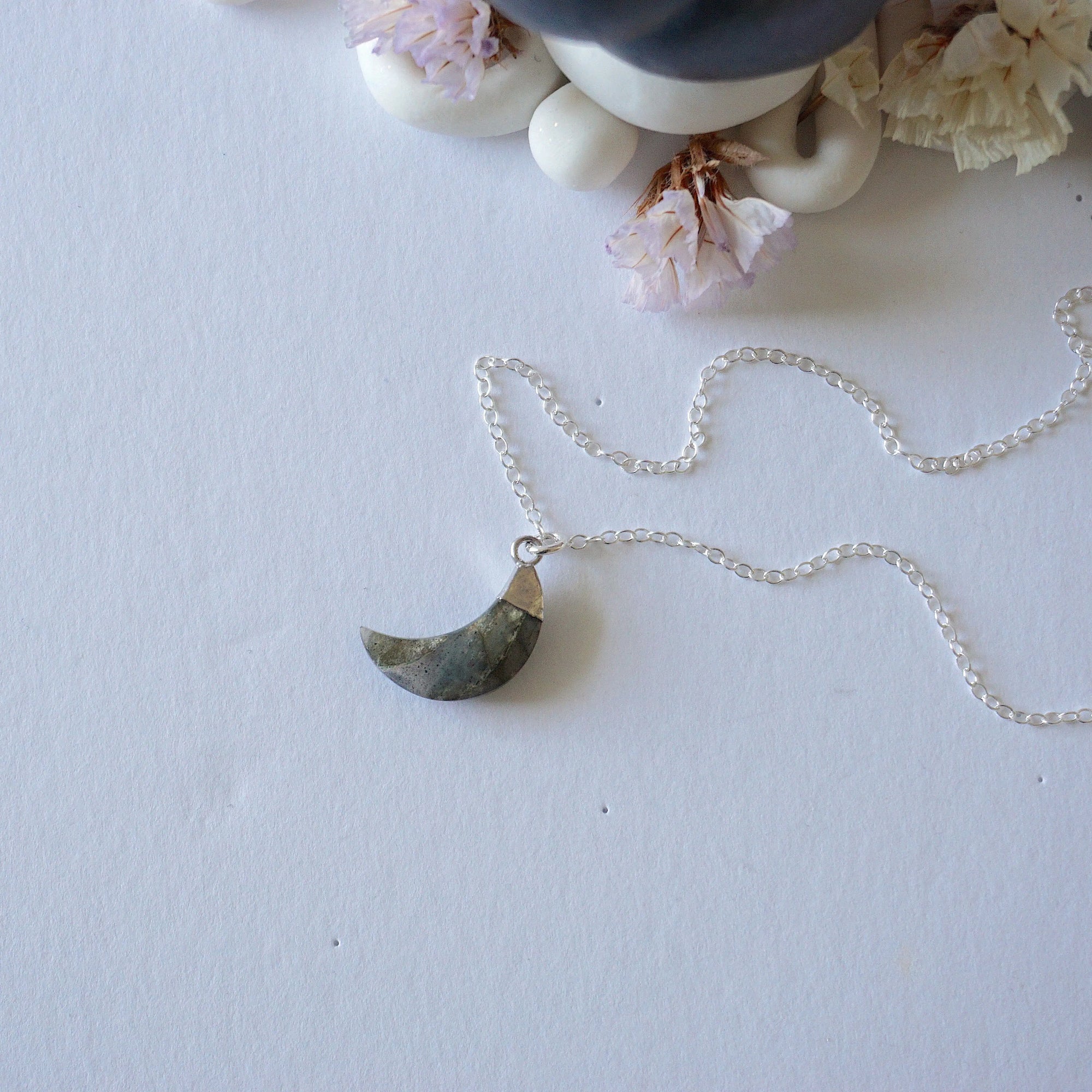 Labradorite Sterling Silver Moon Charm Necklace Designs by Nature Gems