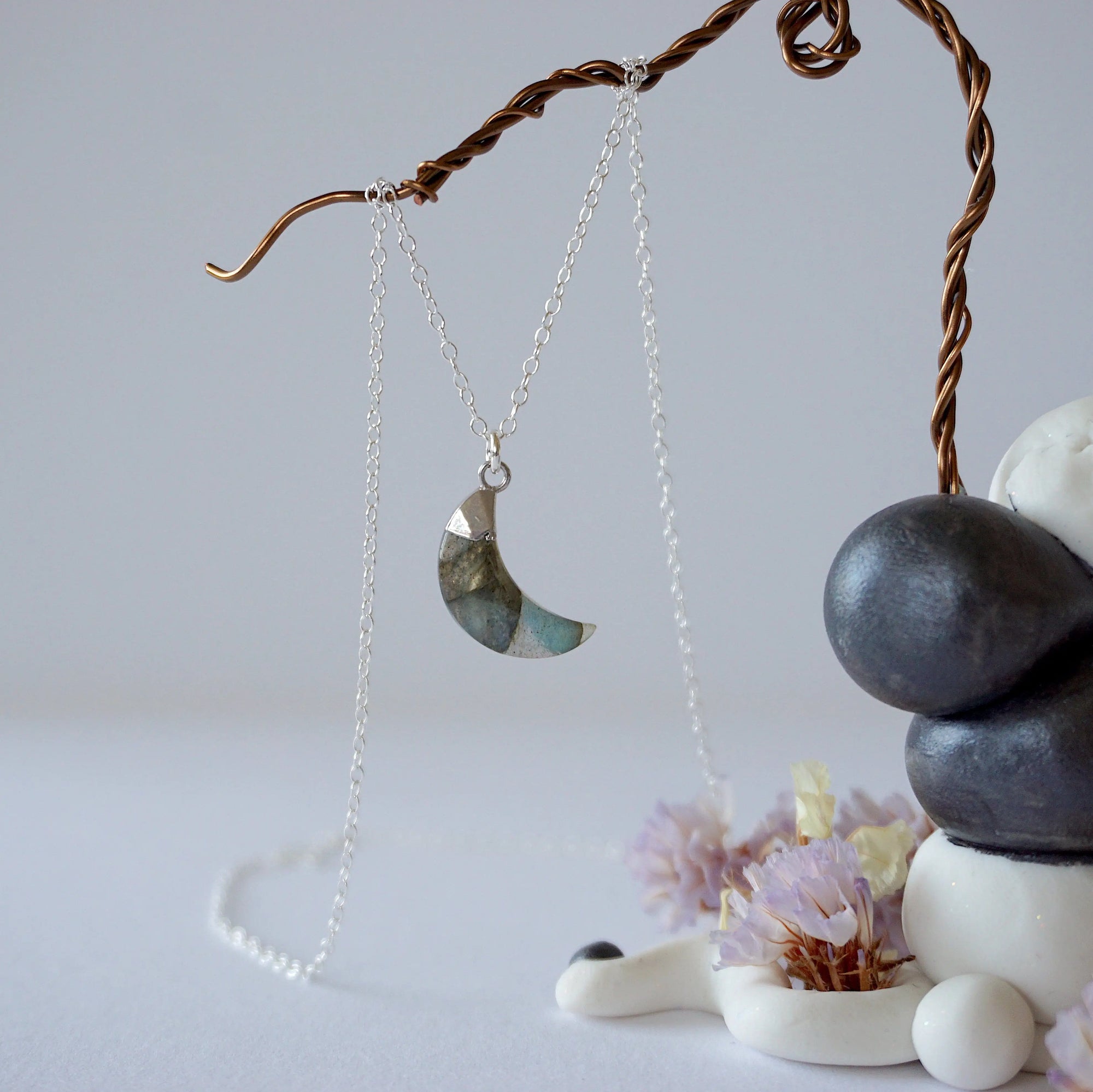 Labradorite Sterling Silver Moon Charm Necklace Designs by Nature Gems