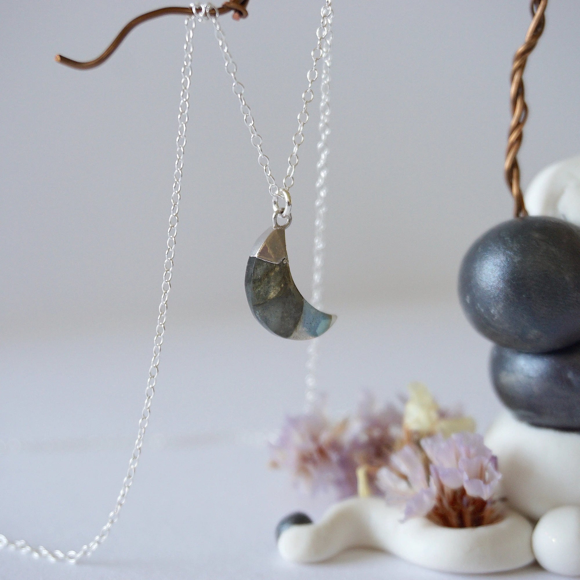 Labradorite Sterling Silver Moon Charm Necklace Designs by Nature Gems