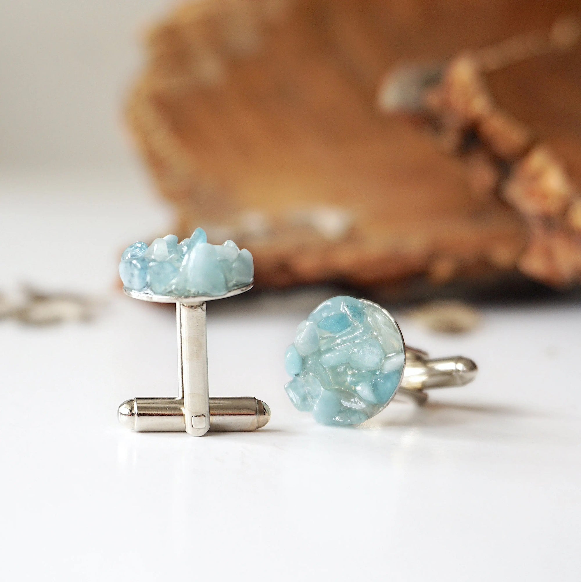 Men's aquamarine cufflinks, detailed front view, multiple genuine aquamarines set in white gold finish copper, Designs by Nature Gems