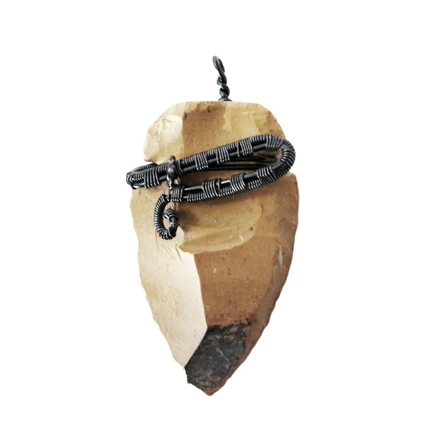 Men's Flint Arrowhead Pendant Necklace - Dark Blue Wire Wrapped DesignsbyNatureGems