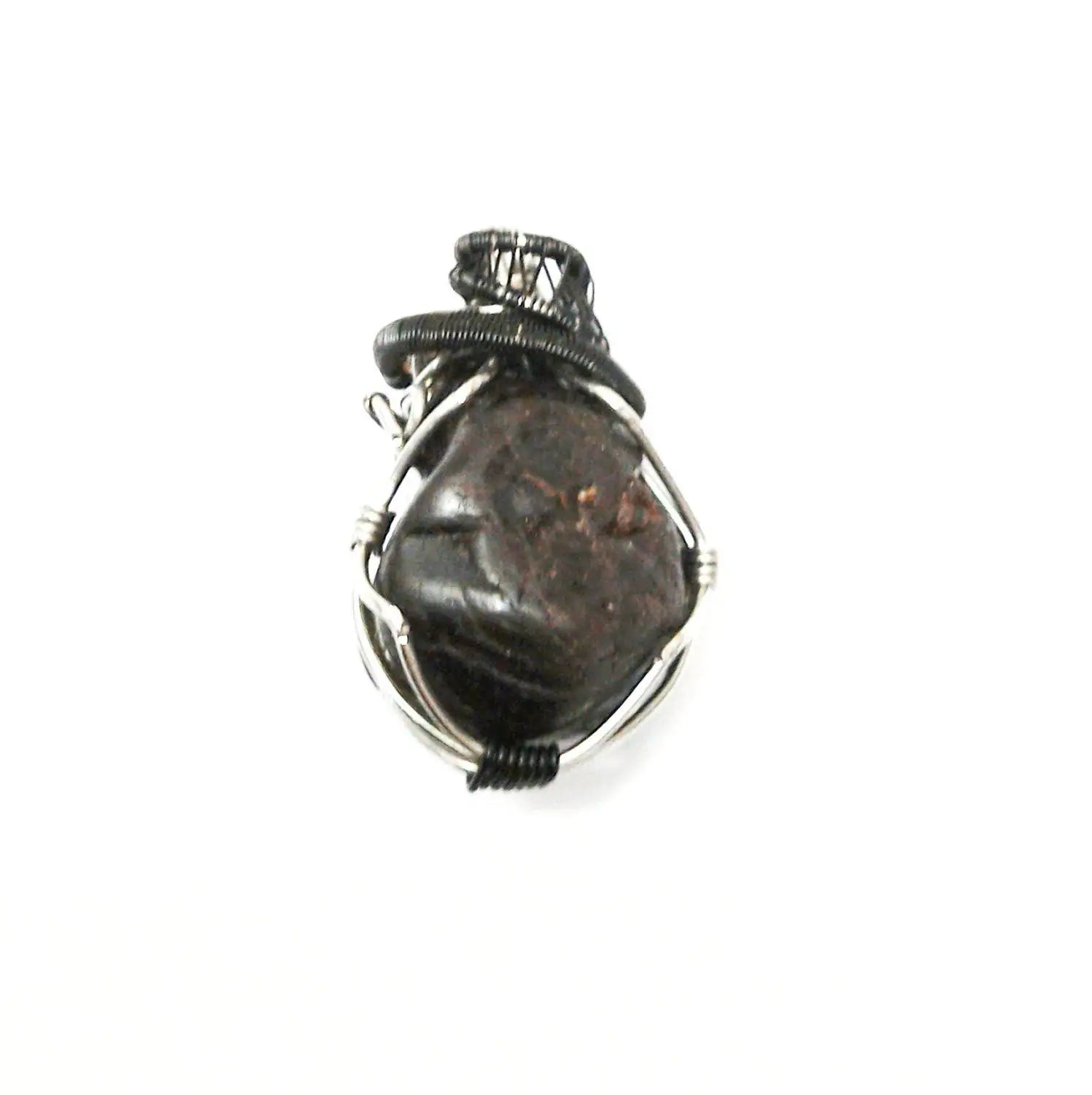 Back view of a men’s wire wrapped garnet pendant necklace showing the secure handcrafted wire work