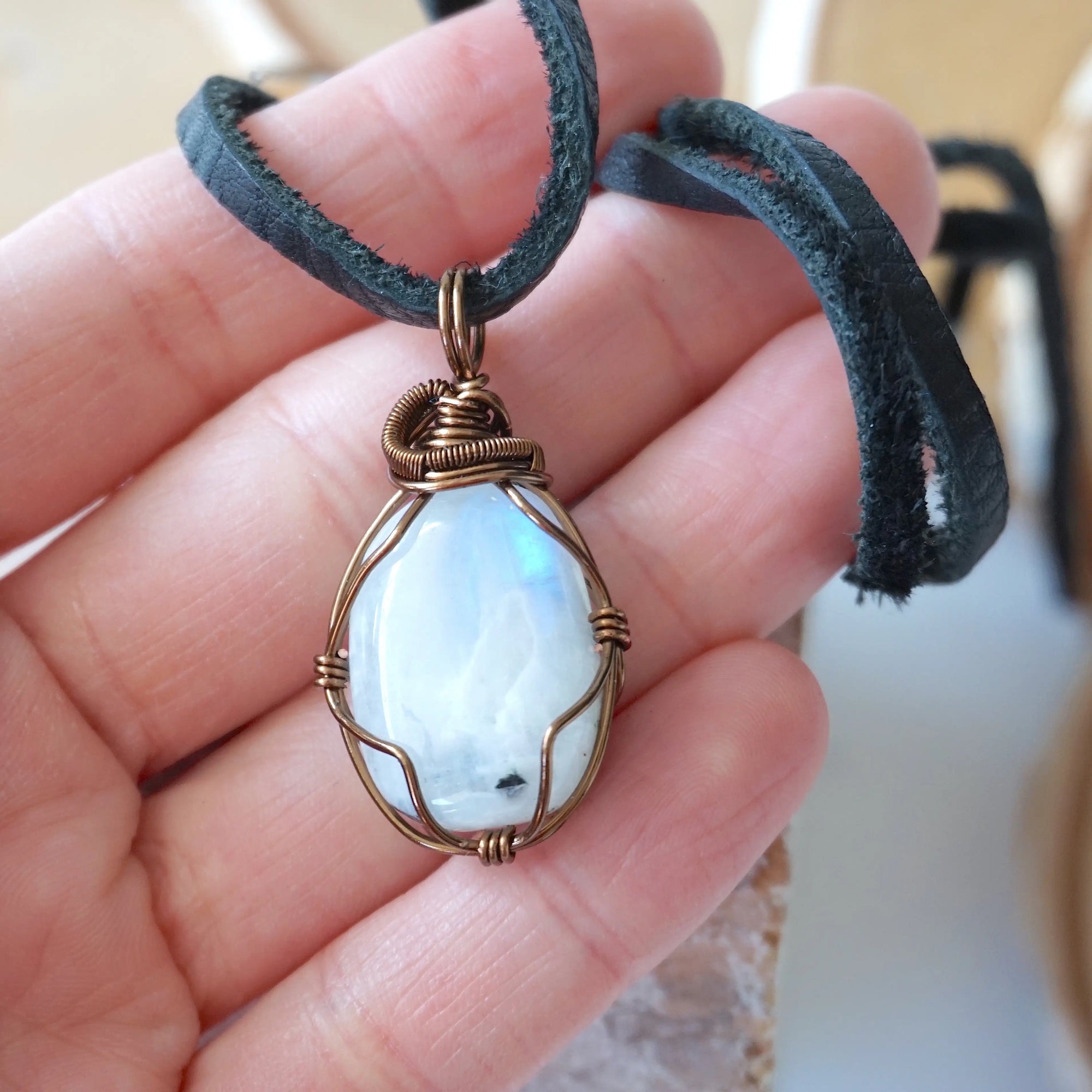 Men's Rainbow Moonstone in Antique Bronze - With Black Leather Cord Designs by Nature Gems