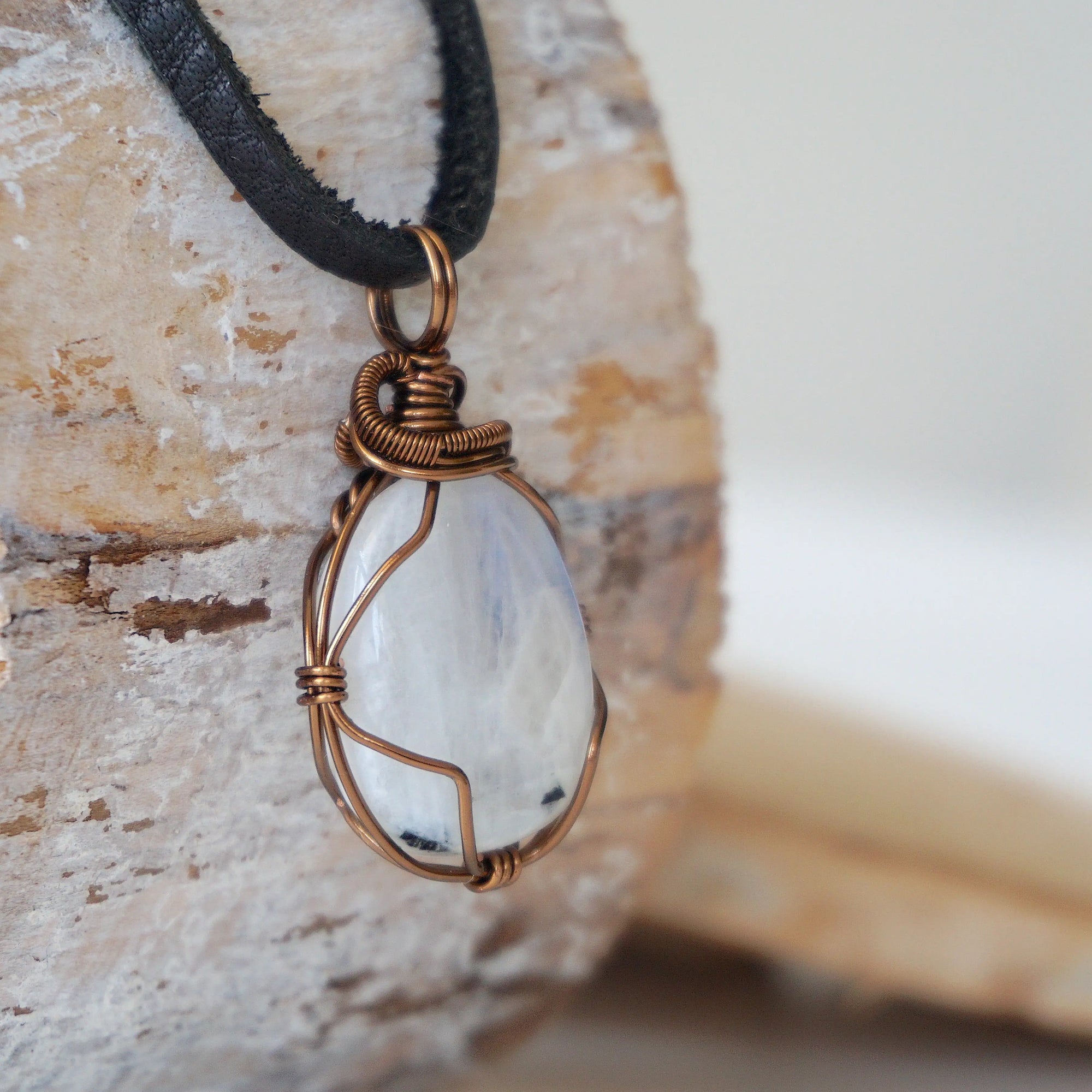 Men's Rainbow Moonstone in Antique Bronze - With Black Leather Cord Designs by Nature Gems
