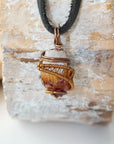 Raw citrine necklace for men on black leather cord - handmade wire wrapped natural unpolished crystal pendant antique bronze copper masculine jewelry November birthstone