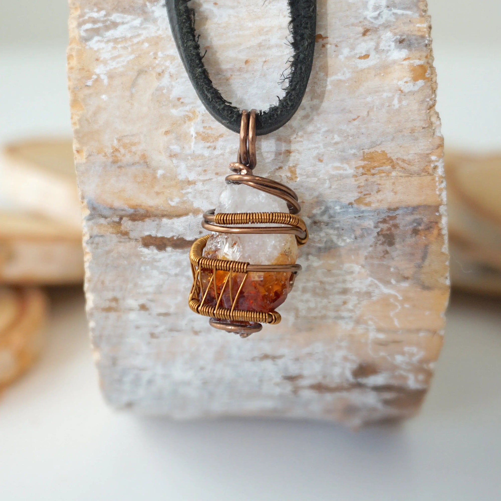 Back view of mens raw citrine pendant showing antique bronze copper wire wrapping detail - natural unpolished crystal handmade masculine jewelry craftsmanship back side