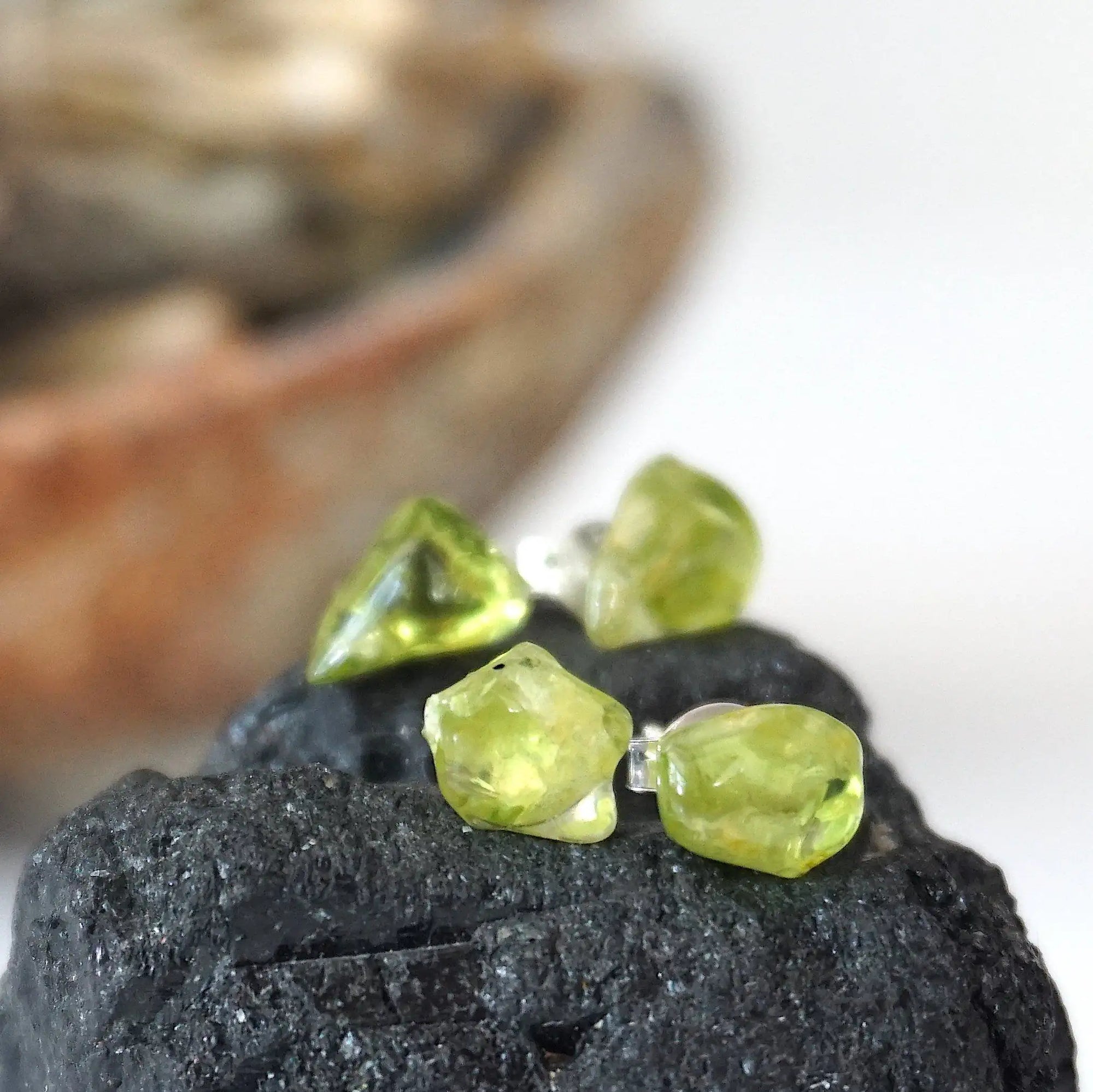 Men's Raw Green Peridot Crystal Stud Earrings DesignsbyNatureGems