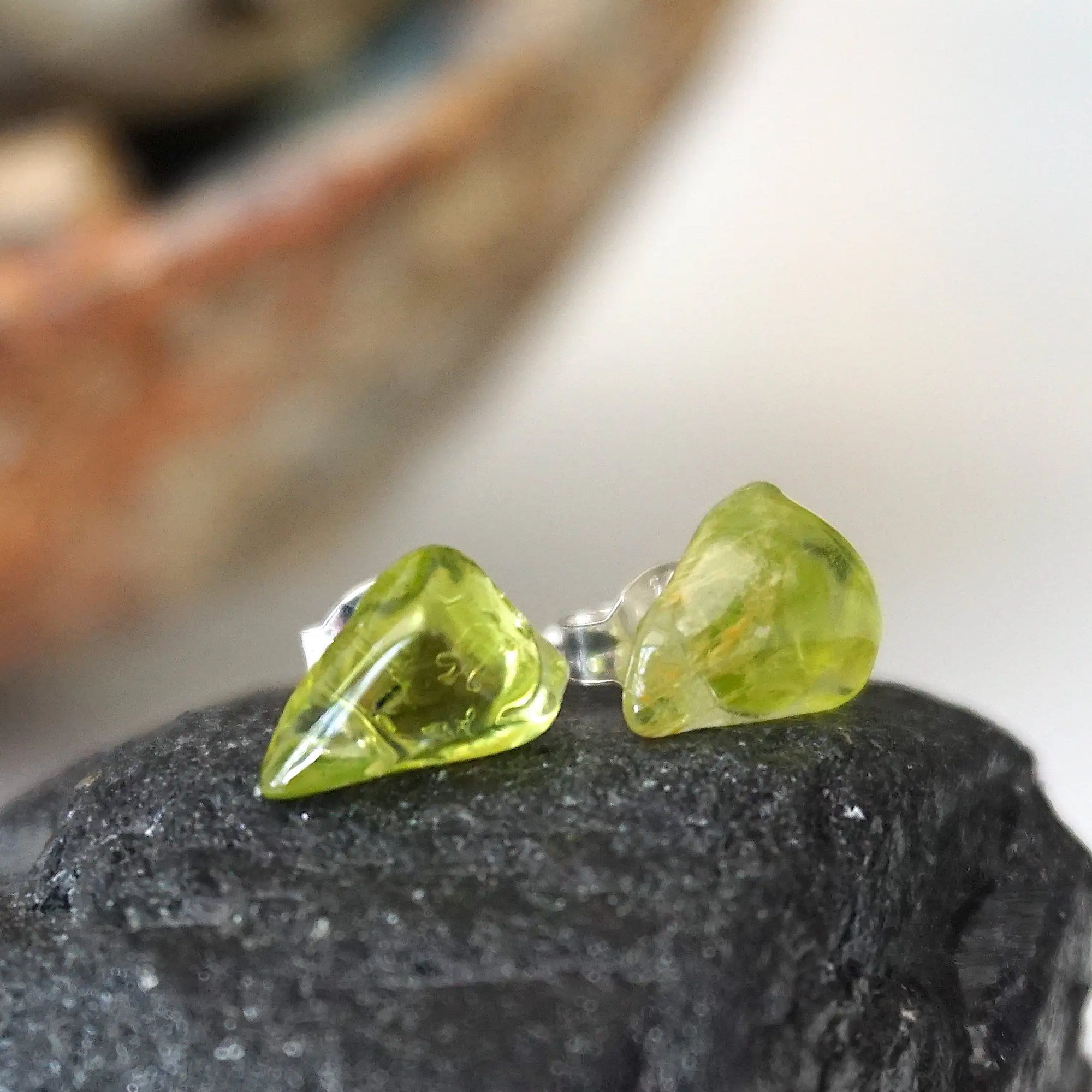 Men's Raw Green Peridot Crystal Stud Earrings DesignsbyNatureGems