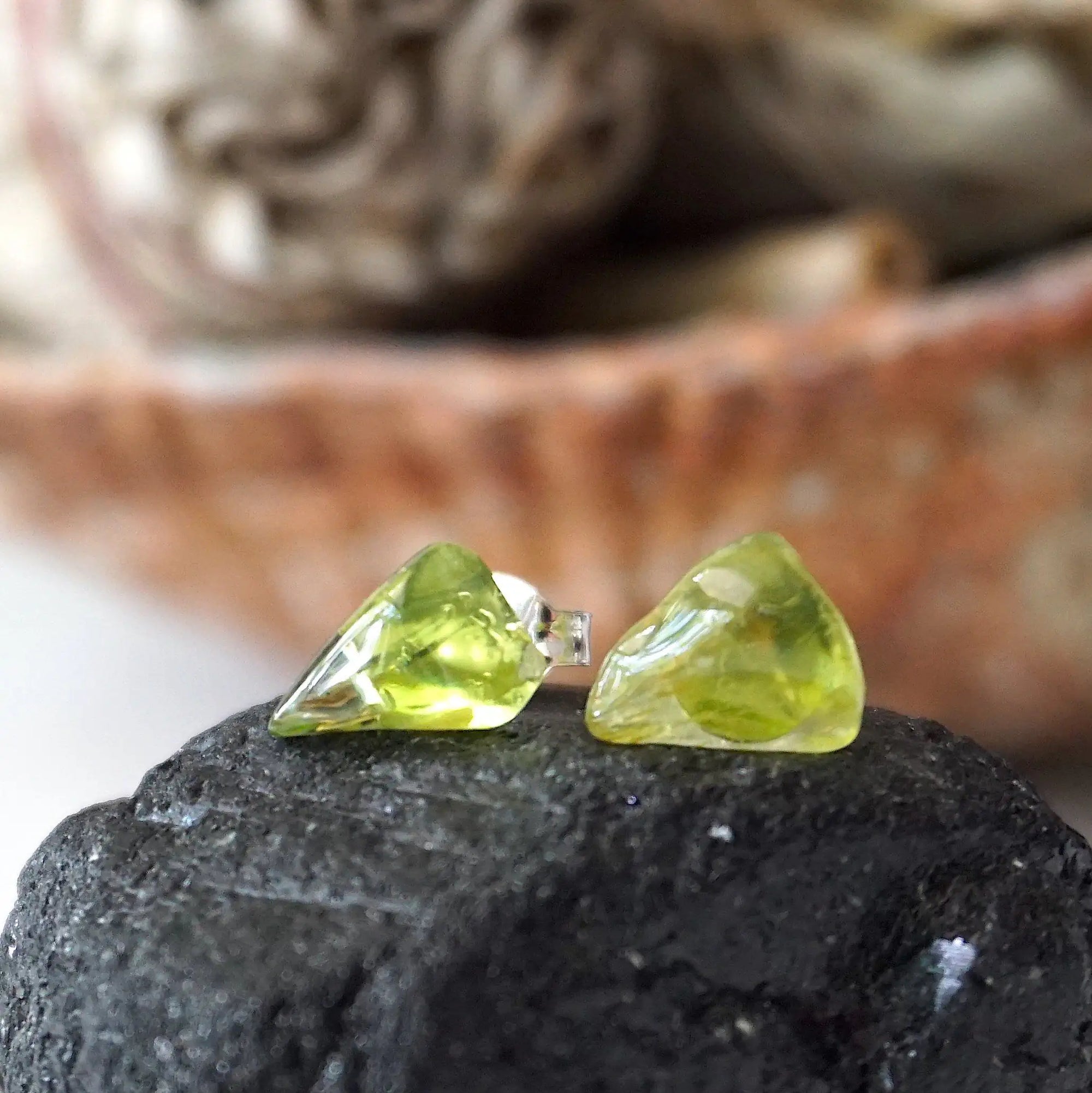 Men's Raw Green Peridot Crystal Stud Earrings DesignsbyNatureGems