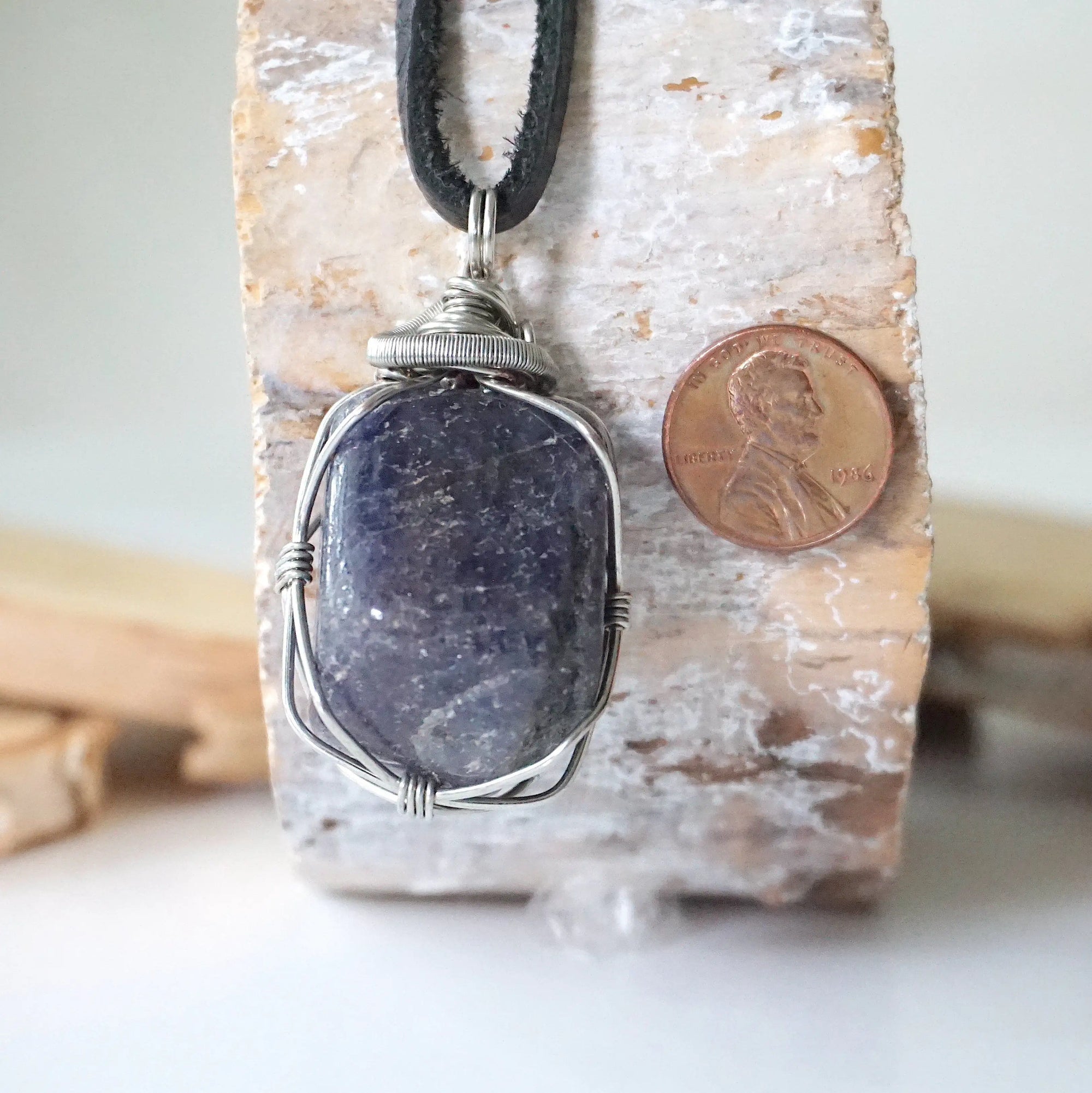 Men's Sapphire Pendant in White Gold - on Black Leather Cord Designs by Nature Gems