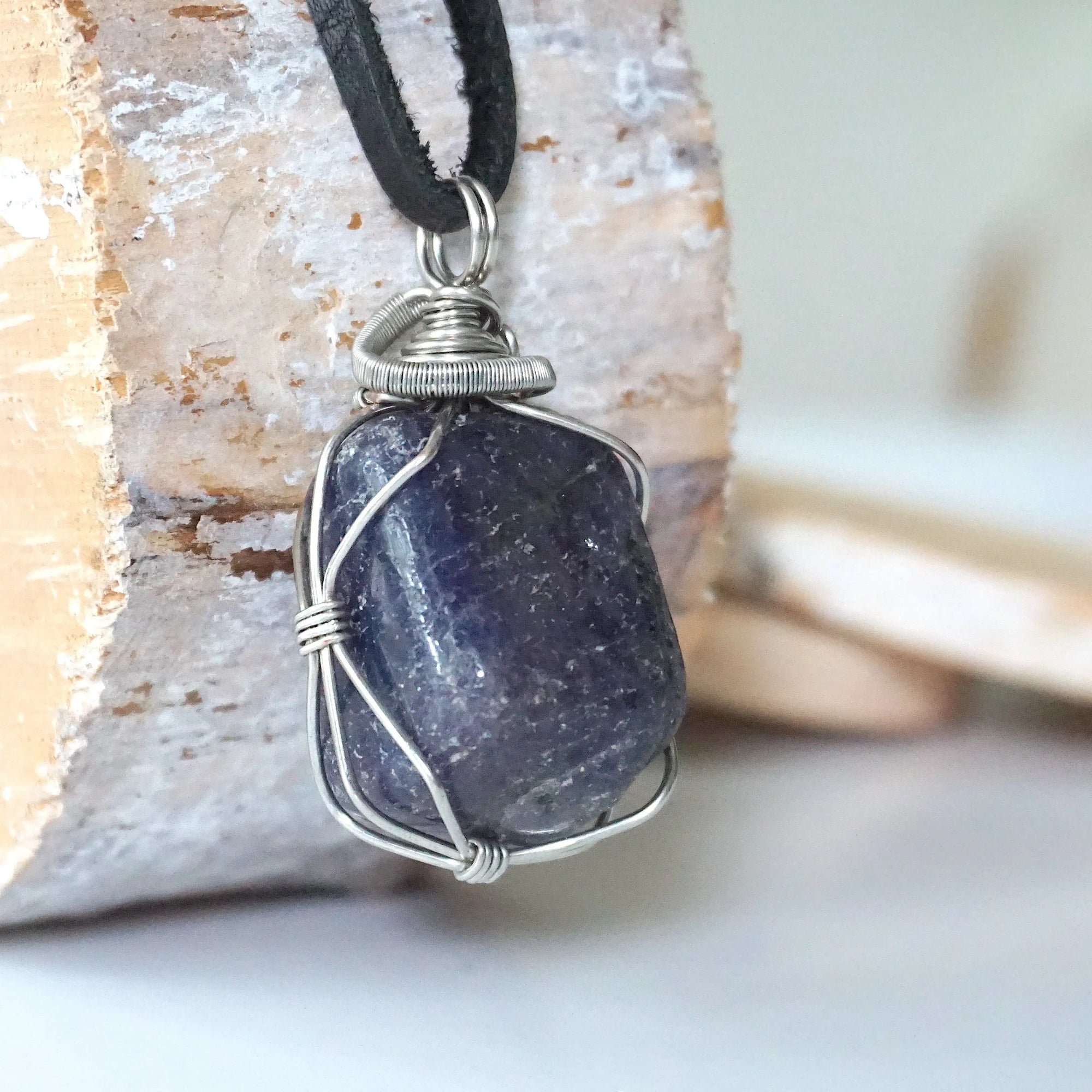 Men's Sapphire Pendant in White Gold - on Black Leather Cord Designs by Nature Gems