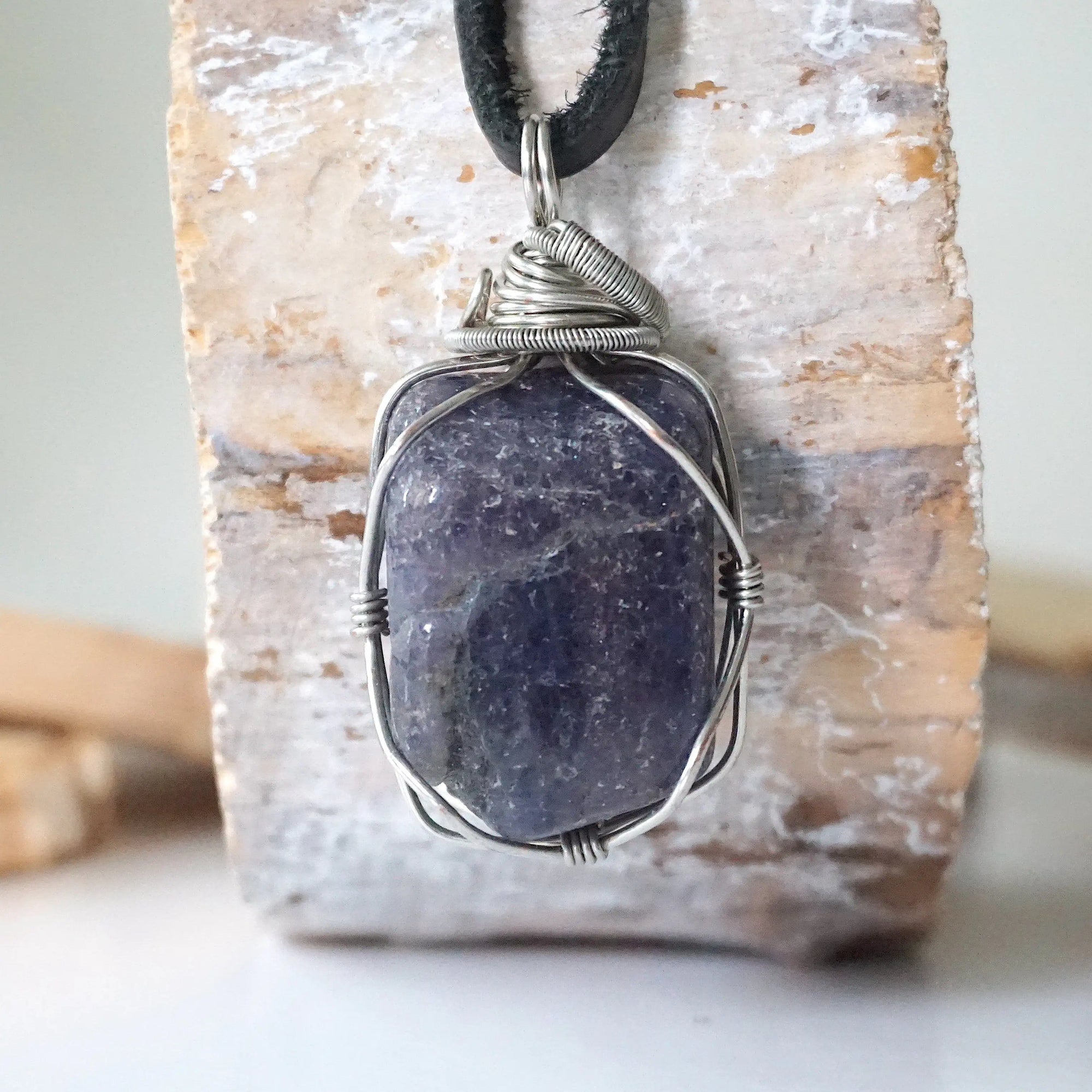 Men's Sapphire Pendant in White Gold - on Black Leather Cord Designs by Nature Gems