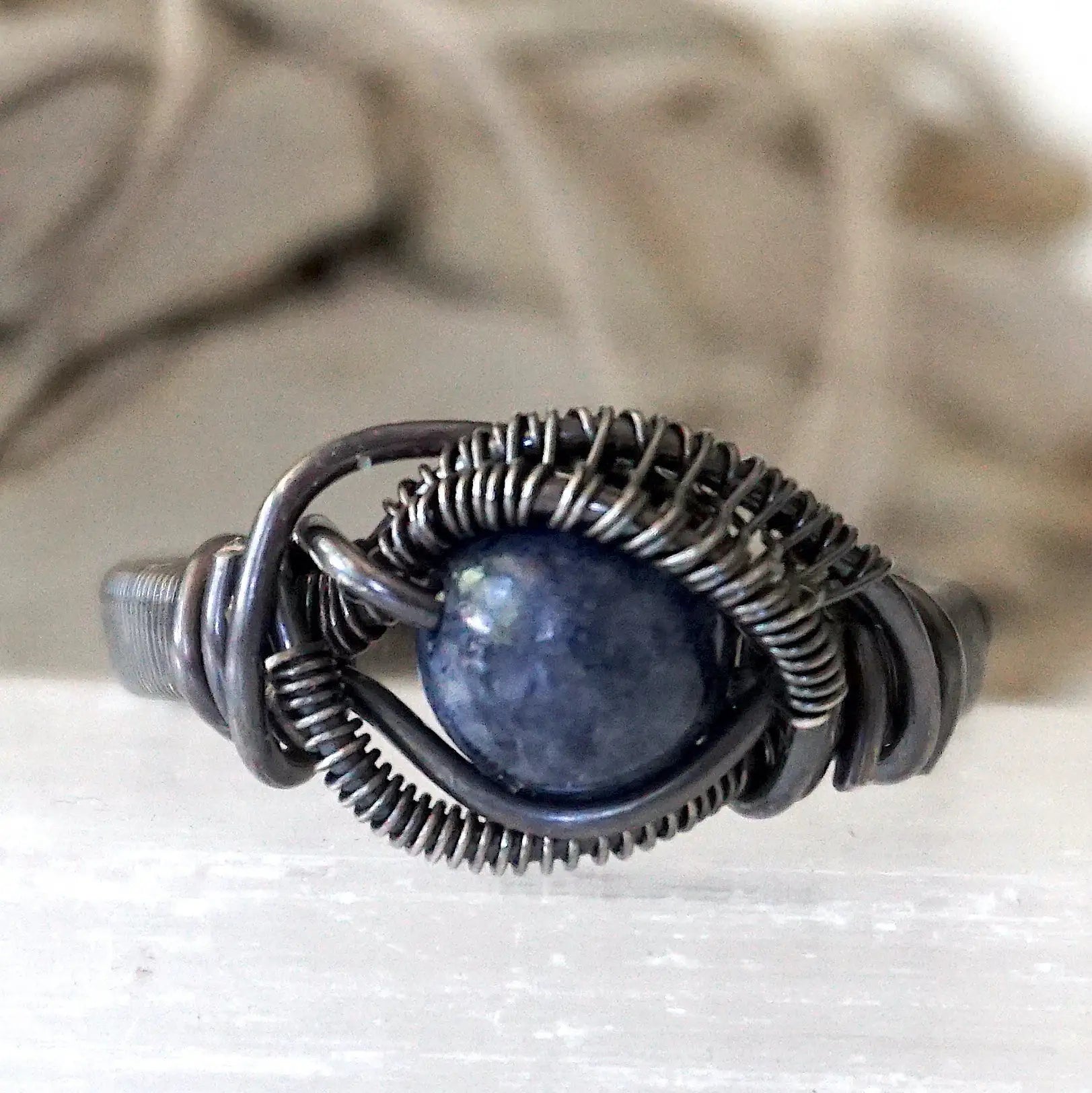 Men's natural sapphire ring with antiqued 925 sterling silver wire wrap — handcrafted September birthstone jewelry by Designs by Nature Gems