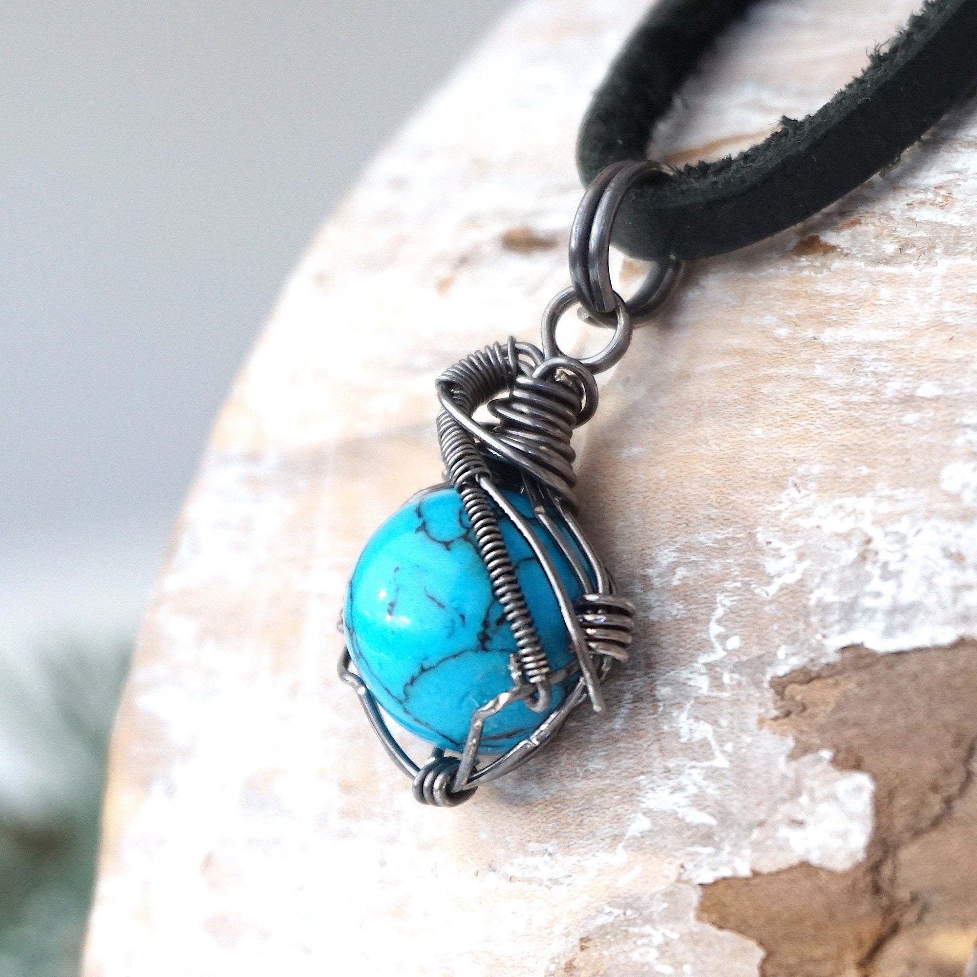 Mens turquoise necklace with 925 silver antiqued wire wrapping detail black leather cord