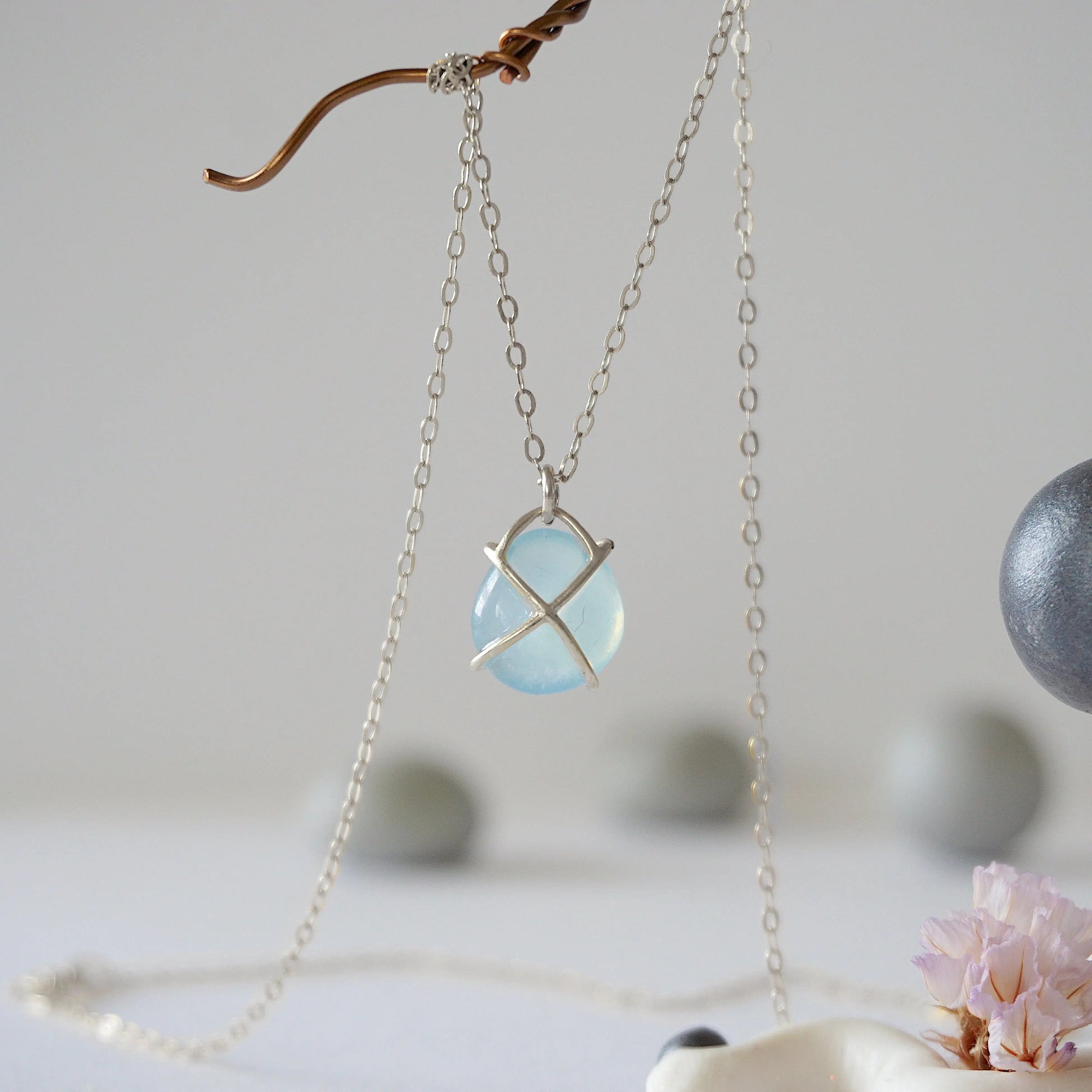 Back angle of minimalist aquamarine necklace, genuine aquamarine and sterling silver, Designs by Nature Gems