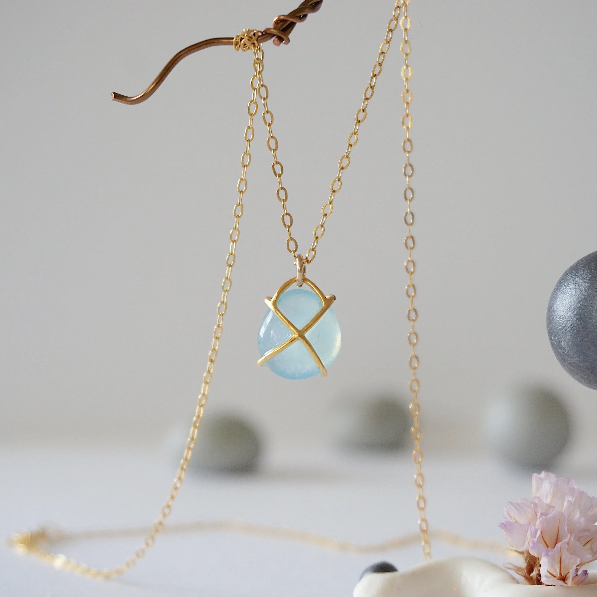 Back angle of minimalist aquamarine necklace in gold, genuine aquamarine and gold vermeil, Designs by Nature Gems