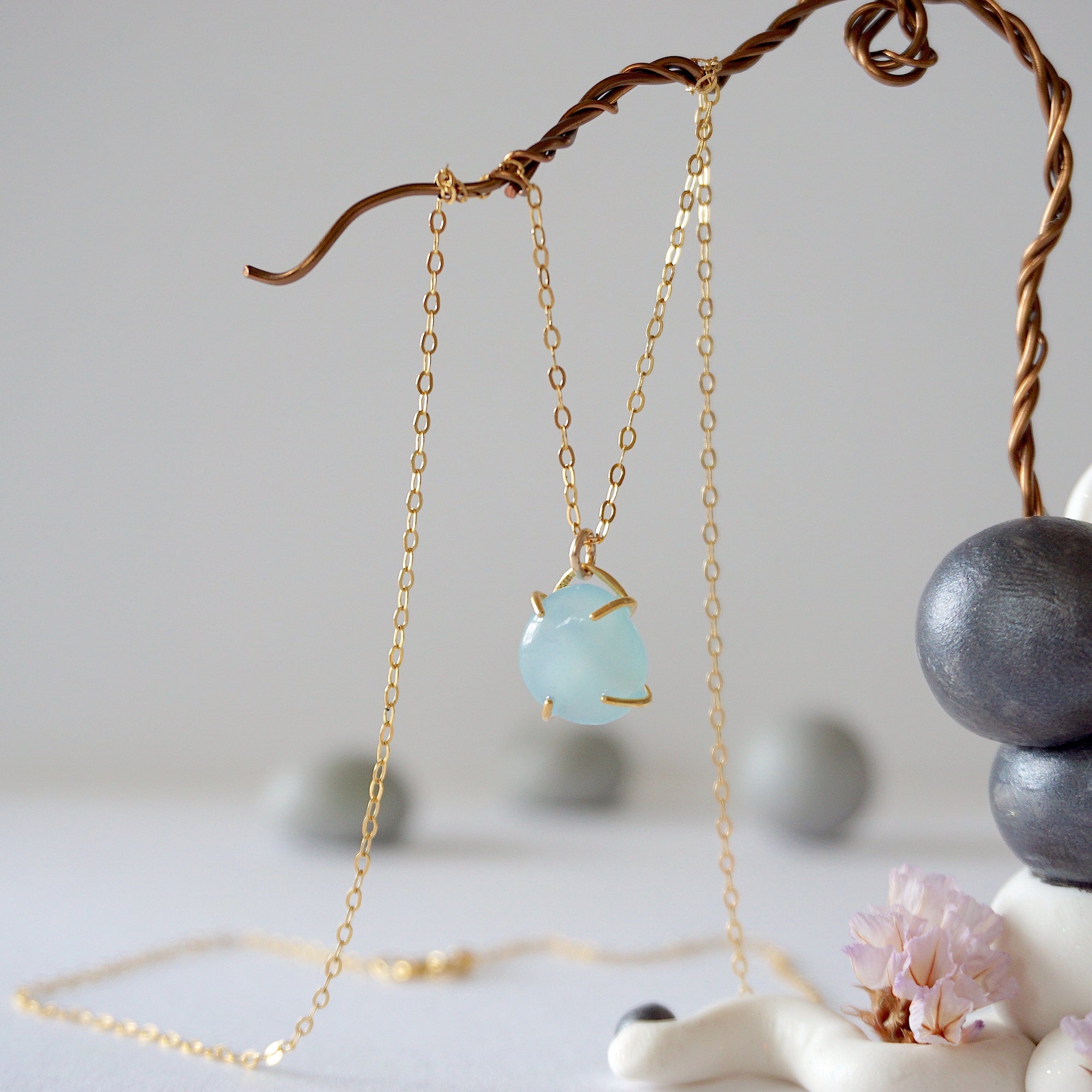Minimalist aquamarine necklace in gold, detailed front view, genuine gemstone in 14k gold vermeil claw setting, Designs by Nature Gems