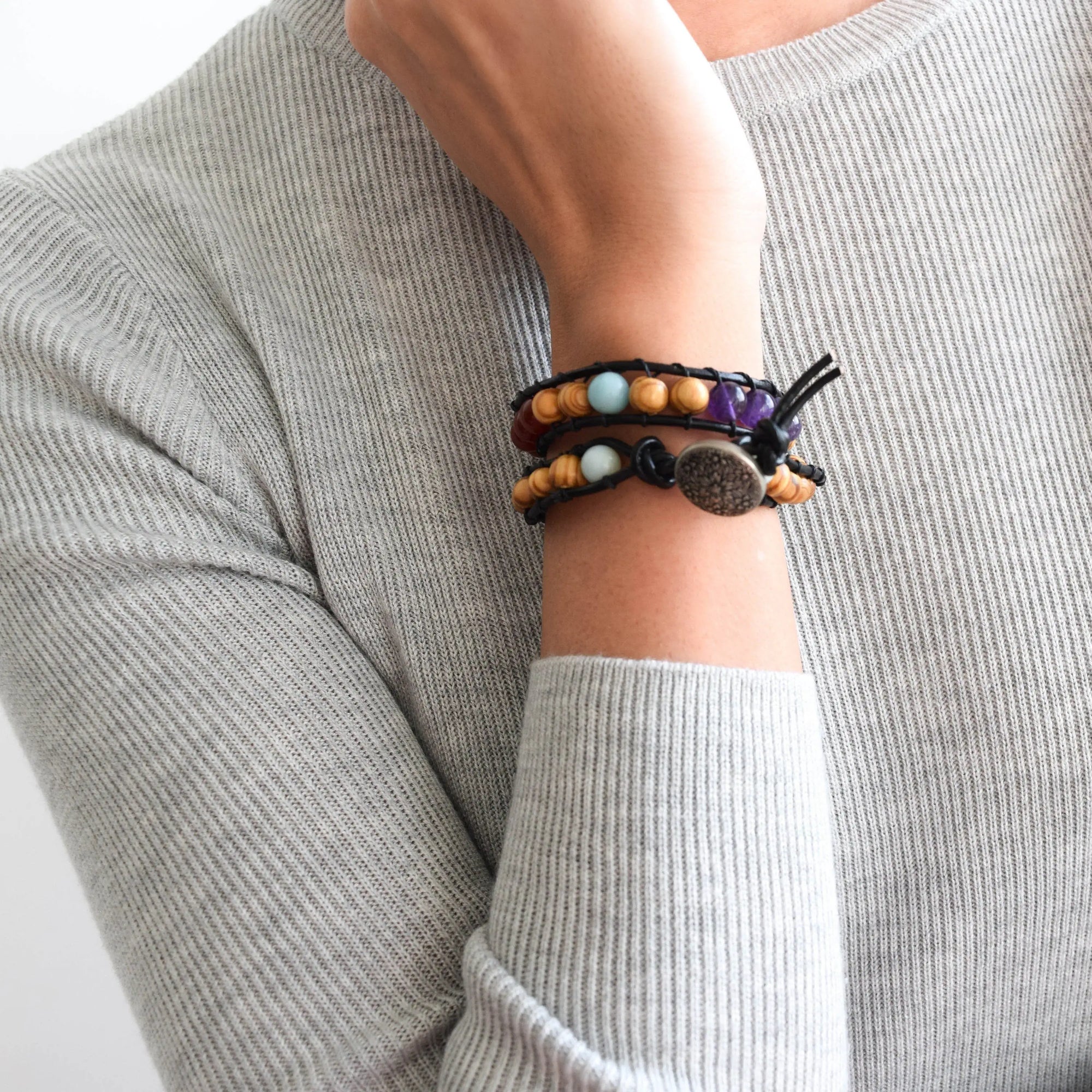 Mixed Crystal Wrap Bracelet with Olive Wood DesignsbyNatureGems