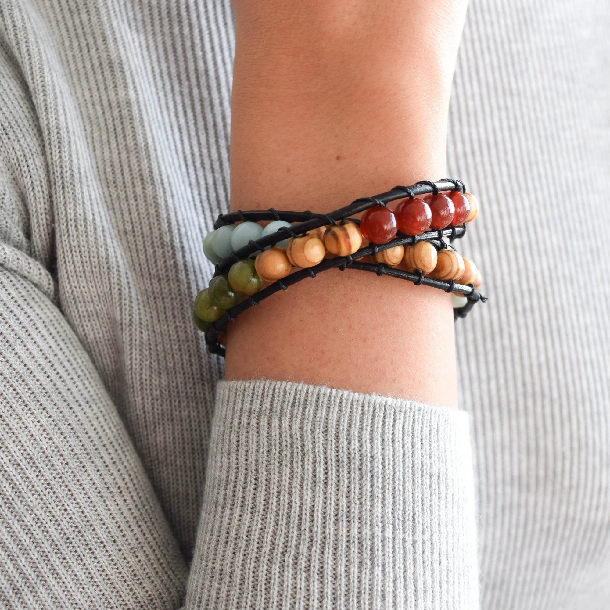 Mixed Crystal Wrap Bracelet with Olive Wood DesignsbyNatureGems