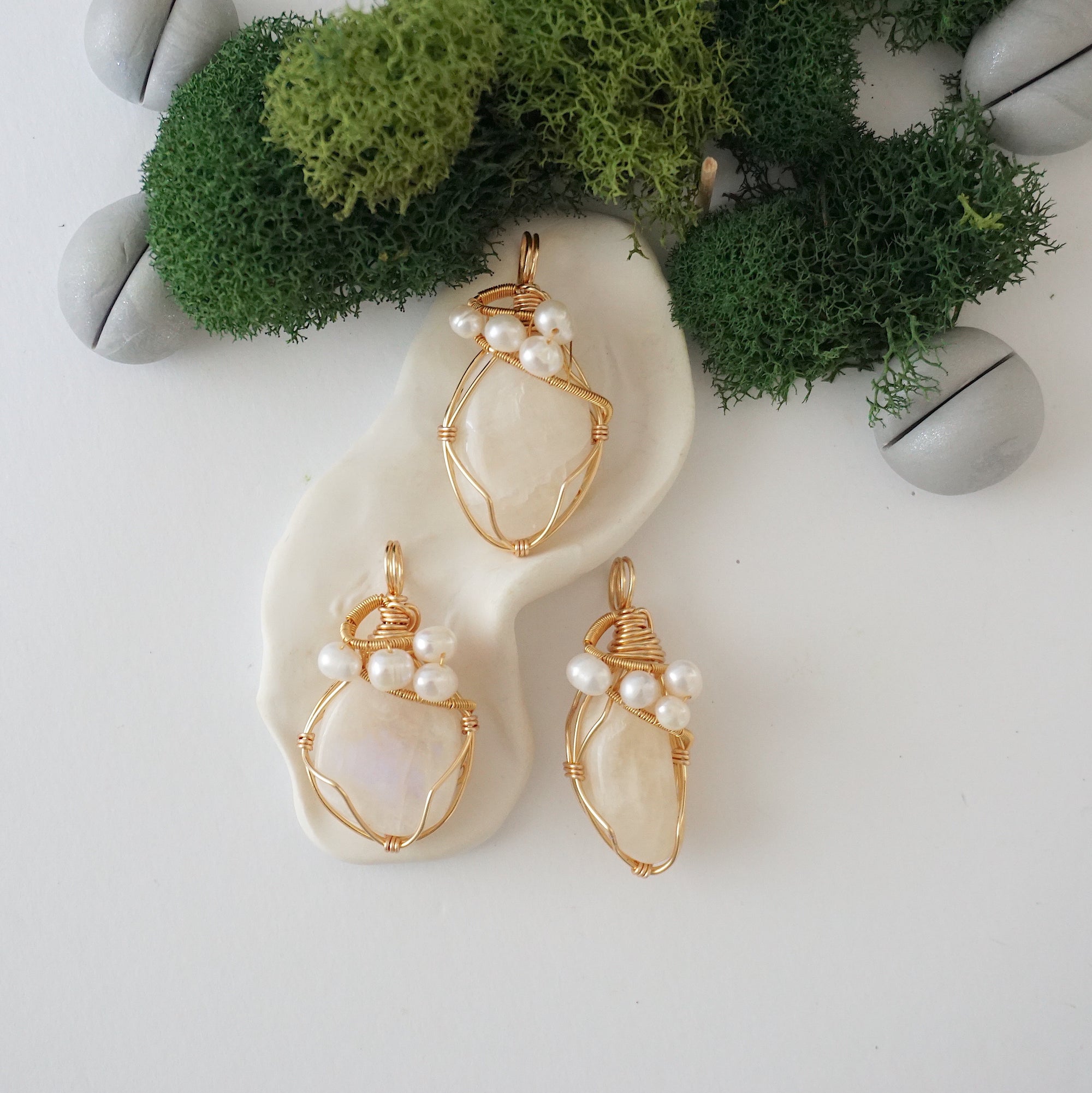 Three different moonstone and freshwater pearl pendants, natural stone variation reference, handmade jewelry