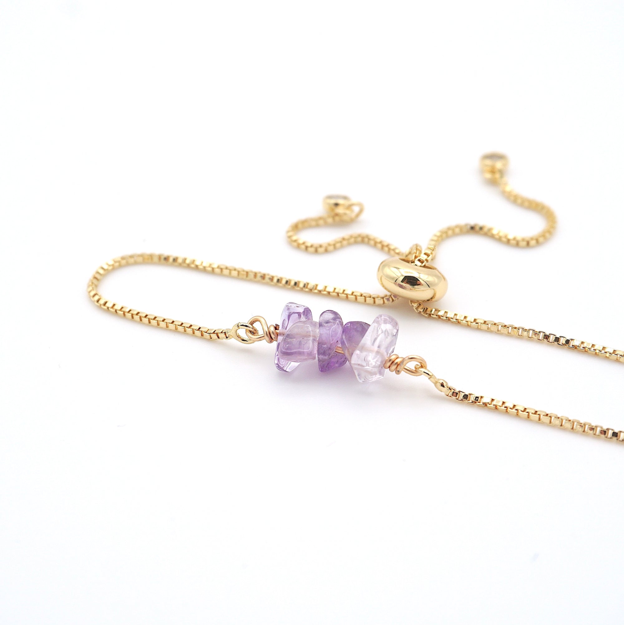 Natural amethyst slider bracelet with raw purple amethyst crystals on gold plated brass adjustable chain - February birthstone jewelry for women