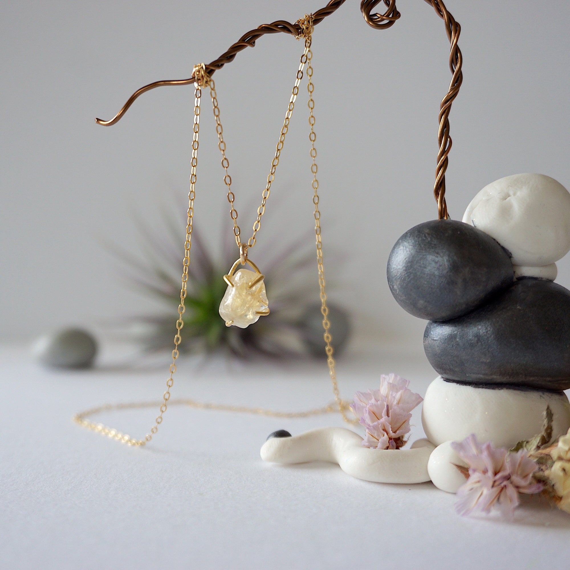 Natural citrine necklace in 14k gold-filled -  handmade wire wrapped crystal pendant necklace full view November birthstone jewelry for women