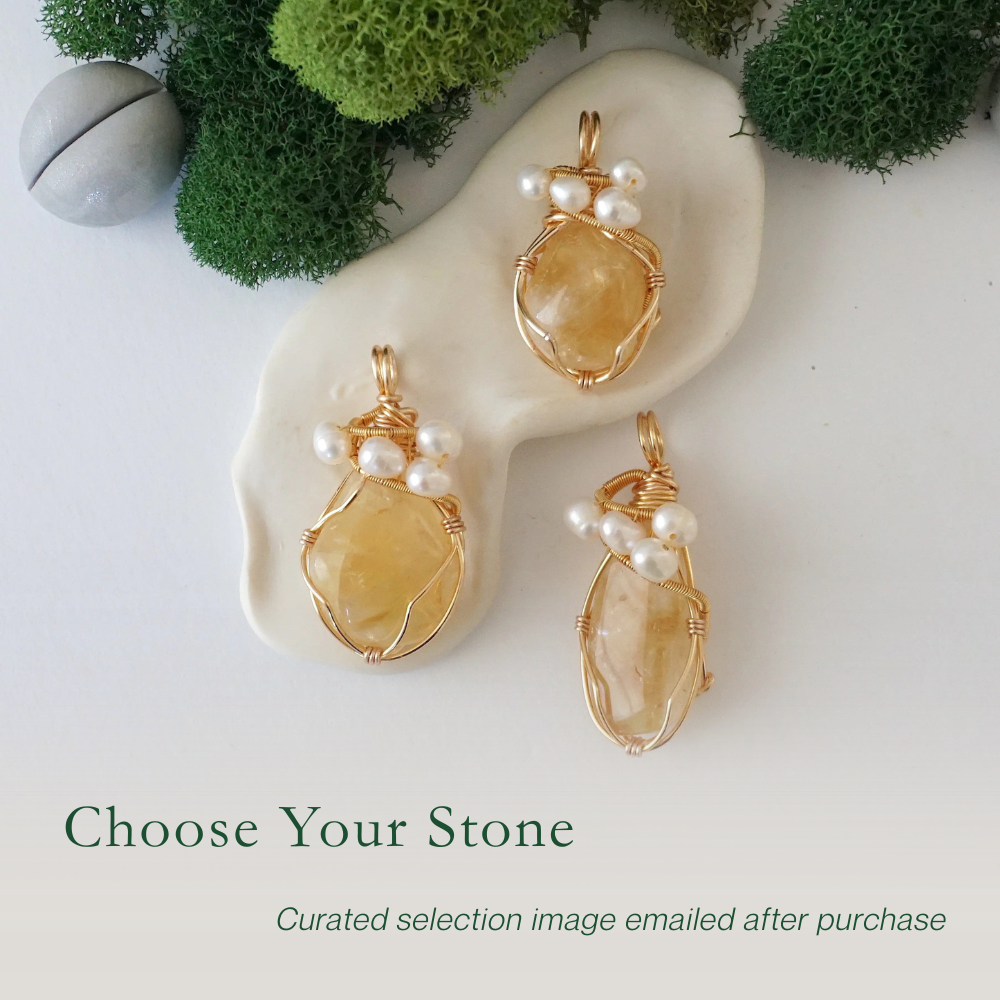Natural citrine crystal variation showing different sizes shapes and golden color shades - each citrine pearl necklace pendant is unique and one of a kind