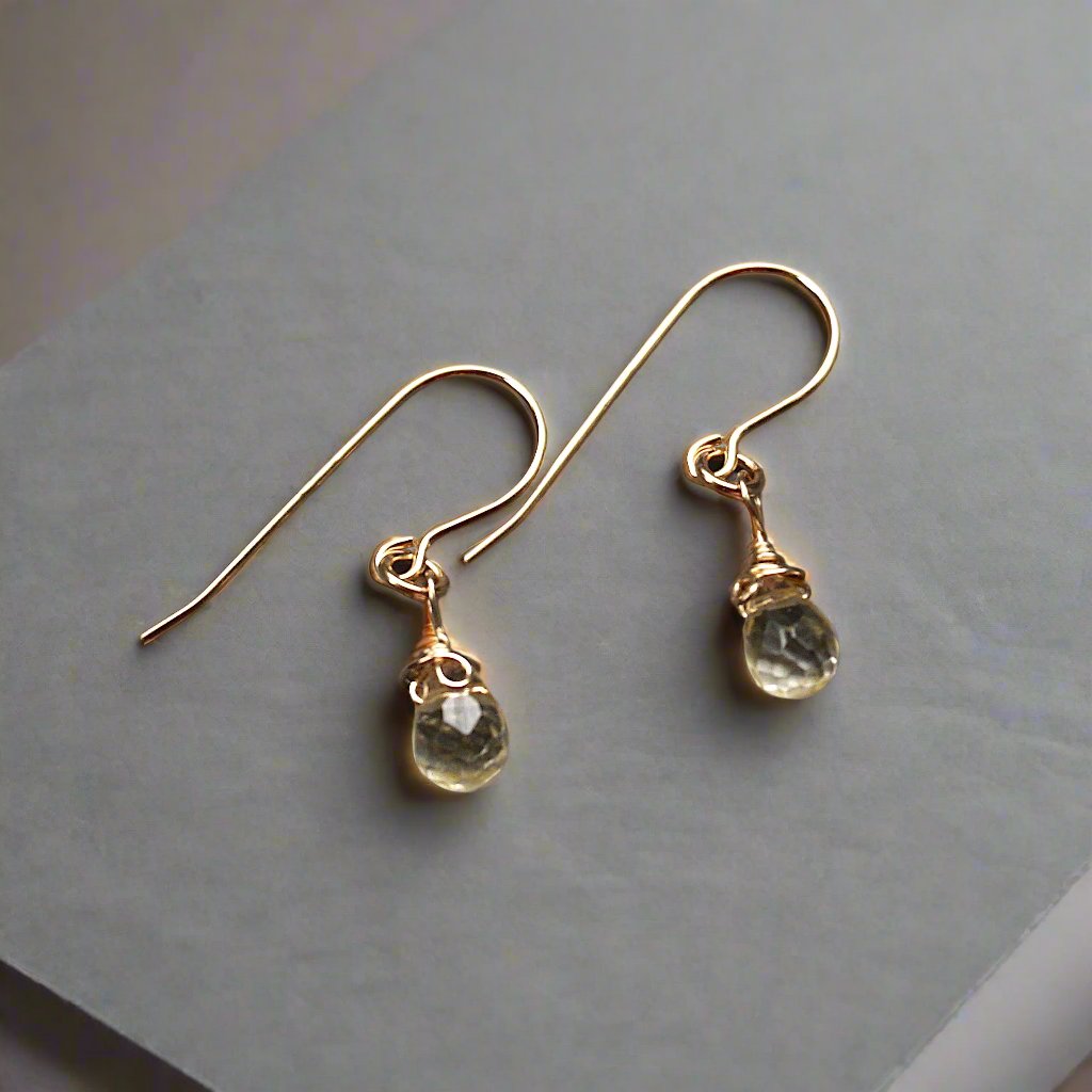 Natural citrine drop earrings in 14k gold filled - handmade wire wrapped crystal dangle earrings for women showing front view November birthstone jewelry