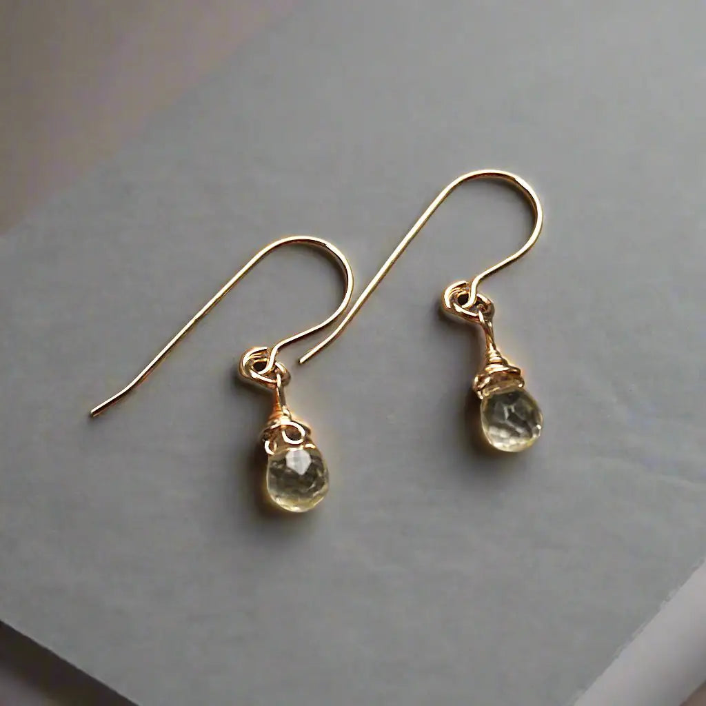 Natural citrine drop earrings in 14k gold filled - handmade wire wrapped crystal dangle earrings for women showing front view November birthstone jewelry
